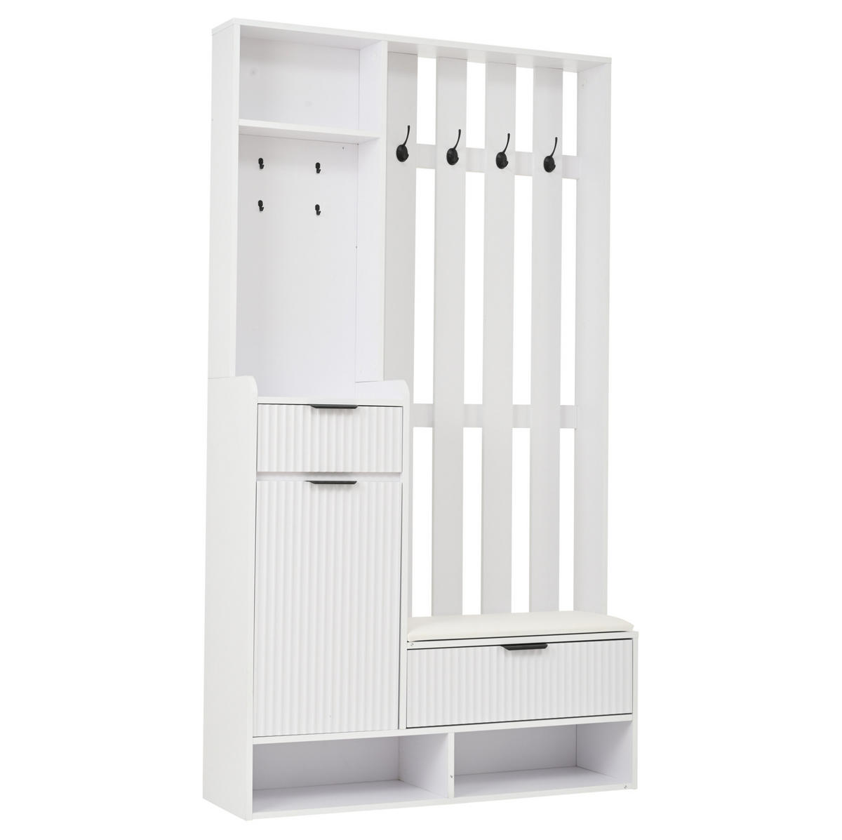 DIELENGARDEROBE 100/30/180 cm mit 8 Haken, Sitzbank und Schuhablage in Weiß - Weiß, Holzwerkstoff (100/180/30cm) - BEAOK