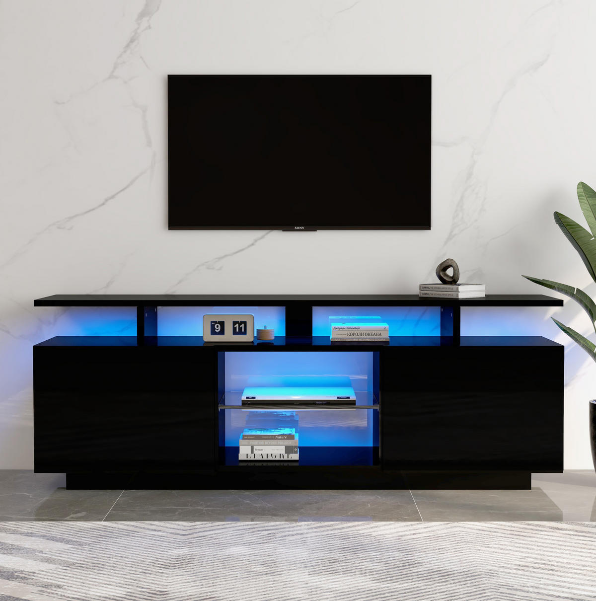 TV-SCHRANK mit LED-Beleuchtung 140 cm Schwarz Hochglanz - Schwarz, Holzwerkstoff (35/55/140cm) - Beauniv