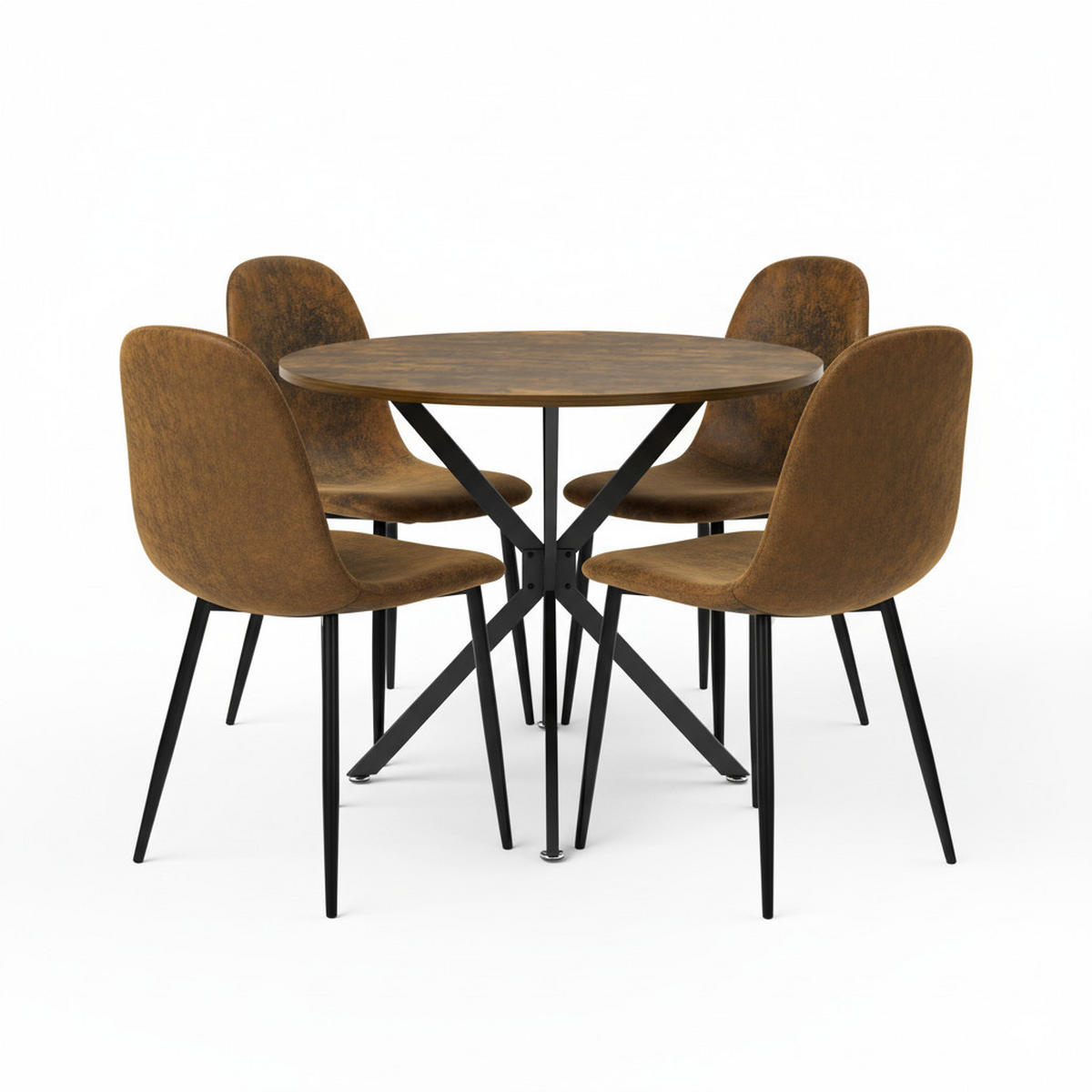 TISCHGRUPPE 5-teilig Runder Esstisch Ø 90 cm in Holzoptik & 4 Stühle Vintage-Braun - Dunkelbraun/Schwarz, Holzwerkstoff/Textil (90/78/90cm) - Urban Meuble