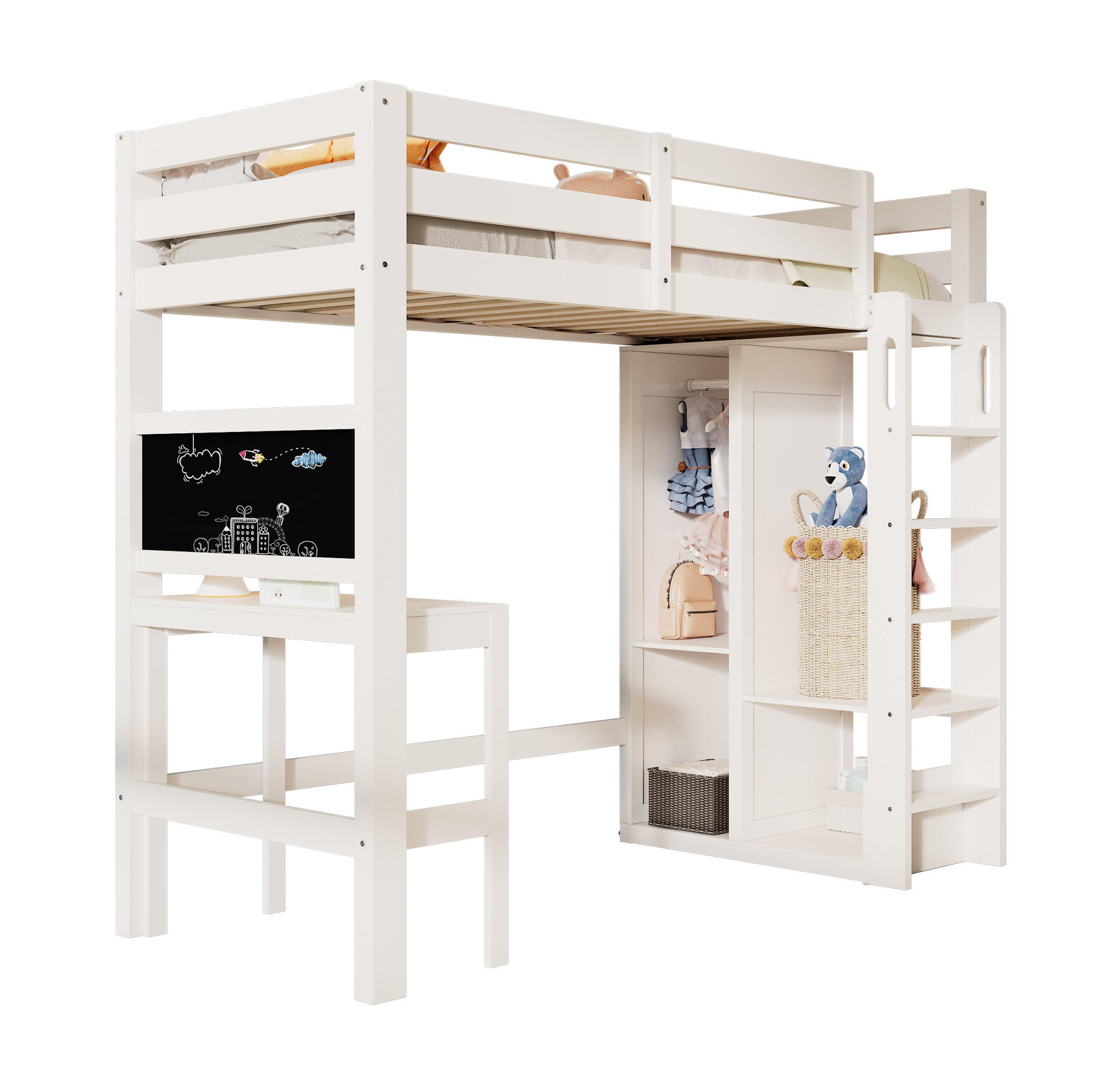 HOCHBETT 90/200 cm Weiß aus Holz mit Schreibtisch und Kleiderschrank - Weiß, Holzwerkstoff (90/200cm) - OKMYHOME