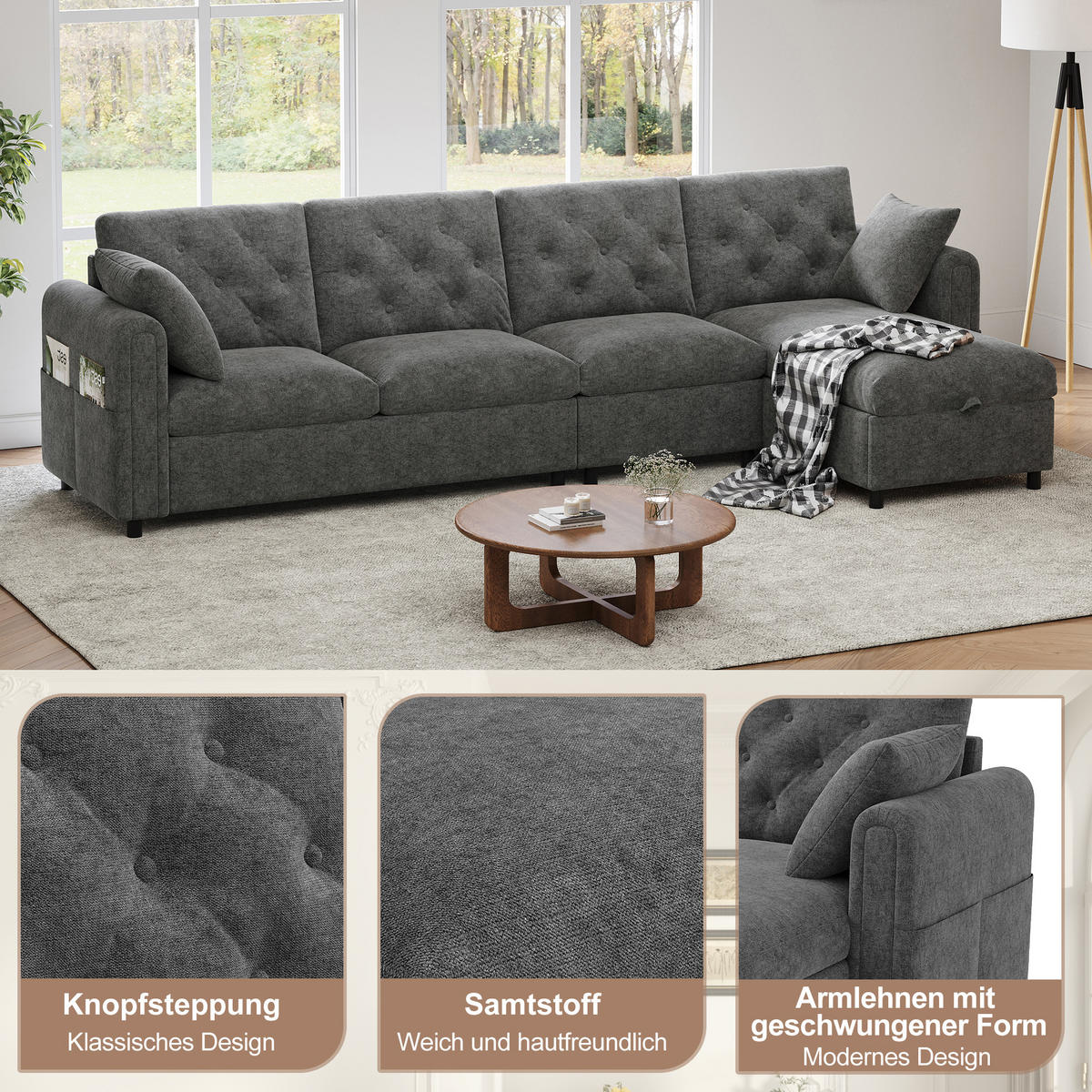ECKSOFA 281/132/86 cm Grau mit 2 Stauraum und Magazintaschen - Grau, Textil (281/132cm) - Oxeza