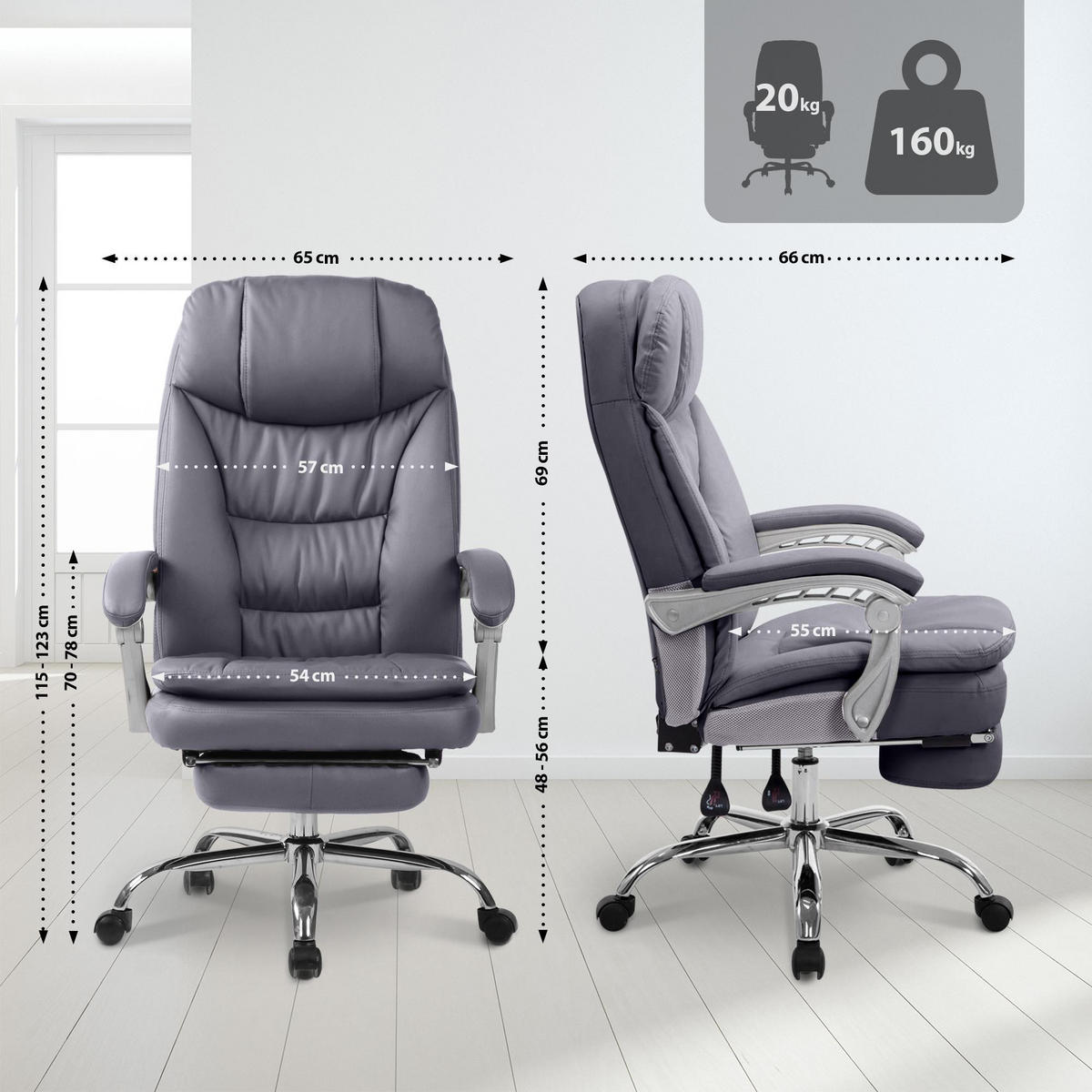 CHEFSESSEL Lederlook Grau - Chromfarben/Grau, Textil/Metall (65/115/66cm) - CLP