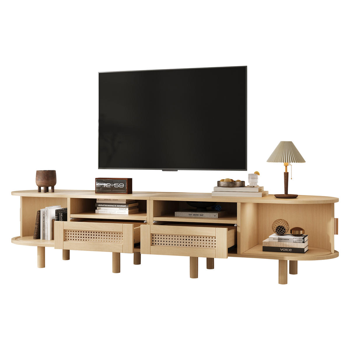 TV-STÄNDER 170/40/40 cm helles Holz MDF mit 2 Rattan Schubladen und 2 Schiebetüren - Naturfarben, Holzwerkstoff (170/40/40cm) - OKWISH