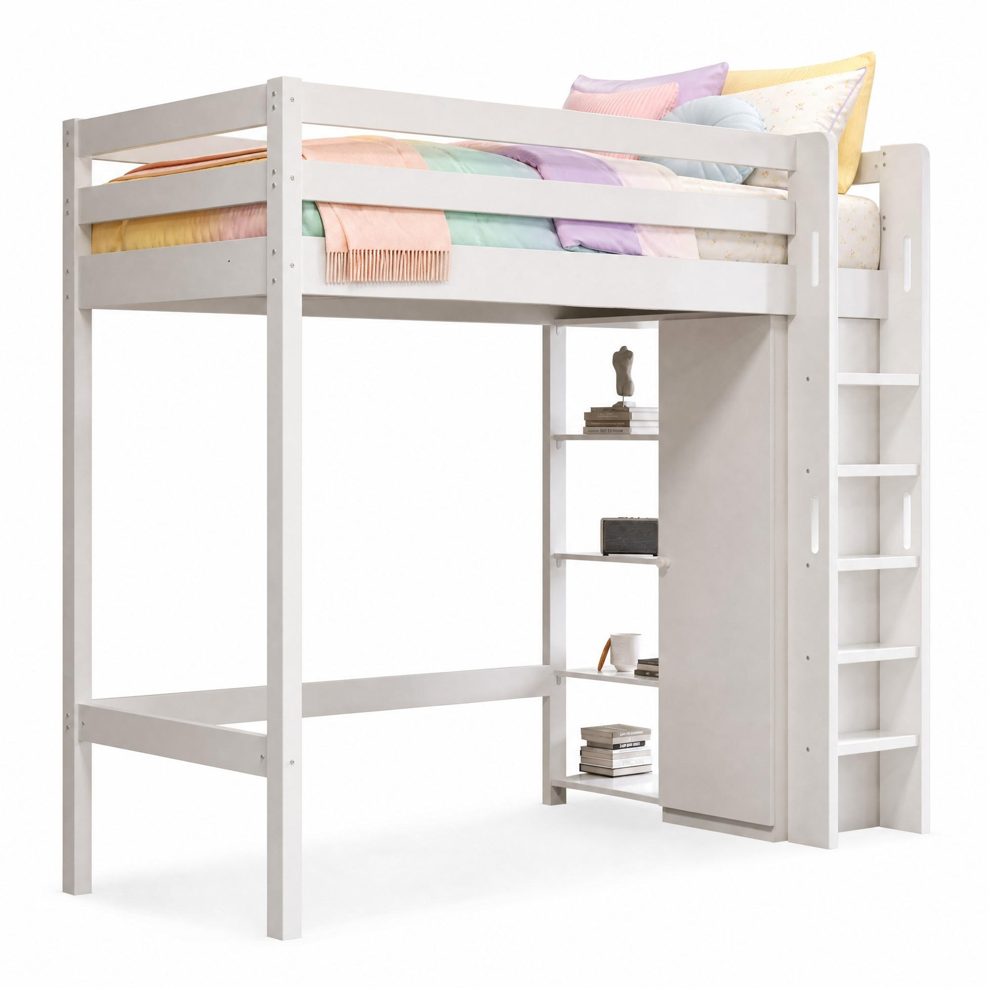 HOCHBETT 90/200 mit Kleiderschrank und 6 Regalen in Weiß - Weiß, Holzwerkstoff (90/200cm) - EVRYAE