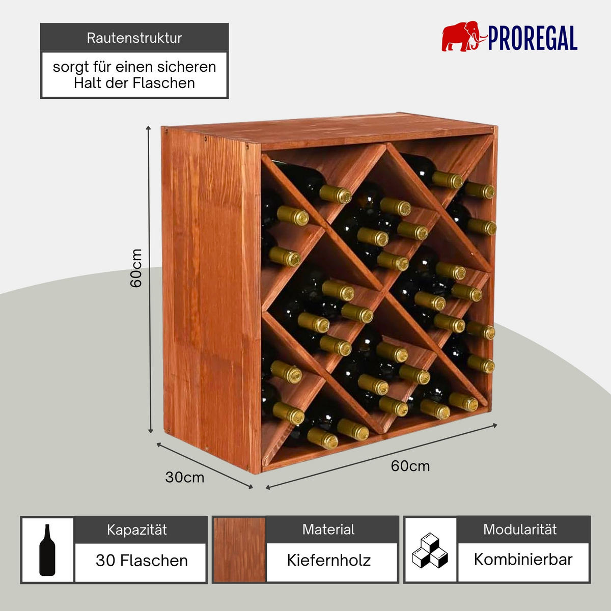 WEINREGAL Vincellar Mod 60x60x30 cm Rauten Modul Für 30 Flaschen Massives Kiefernholz Braun Geölt - Braun, Holz (60/60/30cm) - PROREGAL