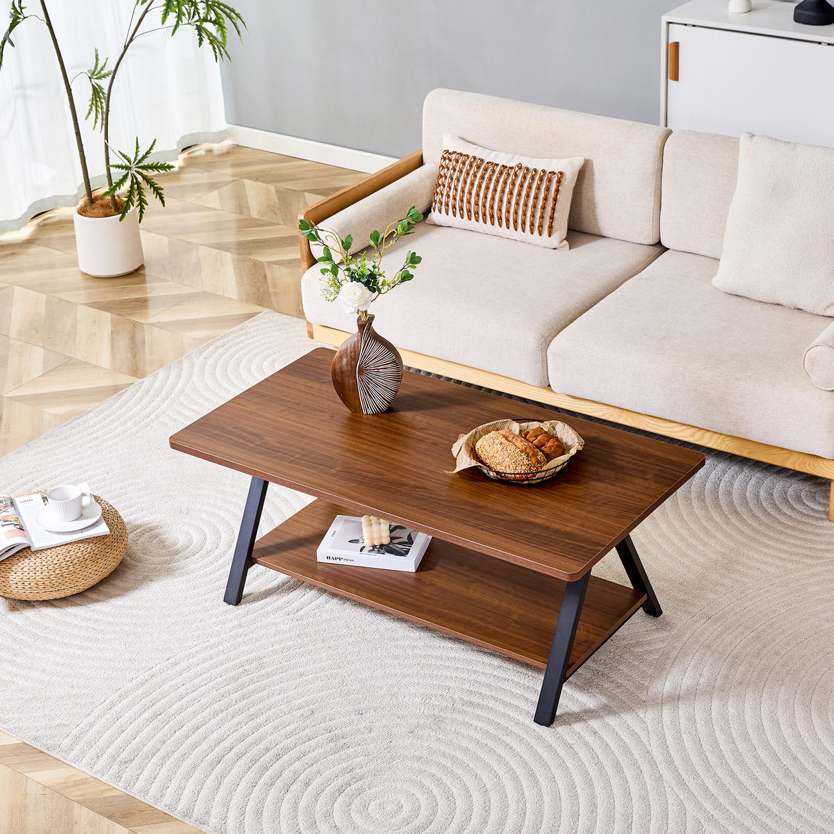 COUCHTISCH DE-37377 rechteckig mit Stauraum und X-Gestell Walnuss - Walnussfarben, Holzwerkstoff (110/57/44.5cm) - ComfortXL