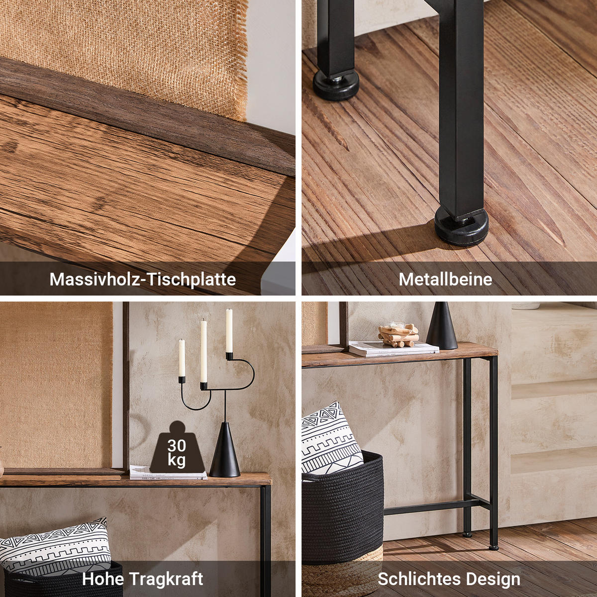 KONSOLENTISCH Schmal, Vintage Metall Flurtisch, 120x65x20cm - Braun, Holzwerkstoff/Metall (20/120/65cm) - SoBuy