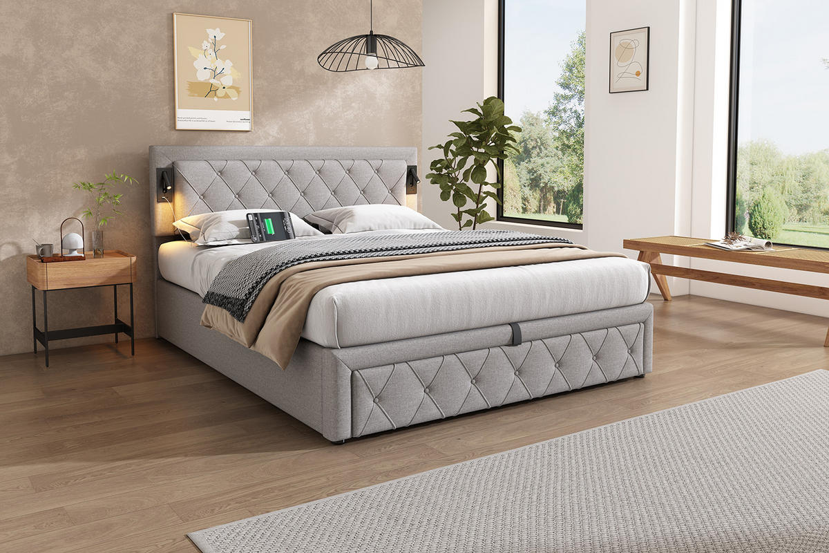 ČALOUNĚNÁ POSTEL v šedé barvě z lnu s úložným prostorem, osvětlením a USB - šedá, kov/kompozitní dřevo (160/200cm) - CHICFURN