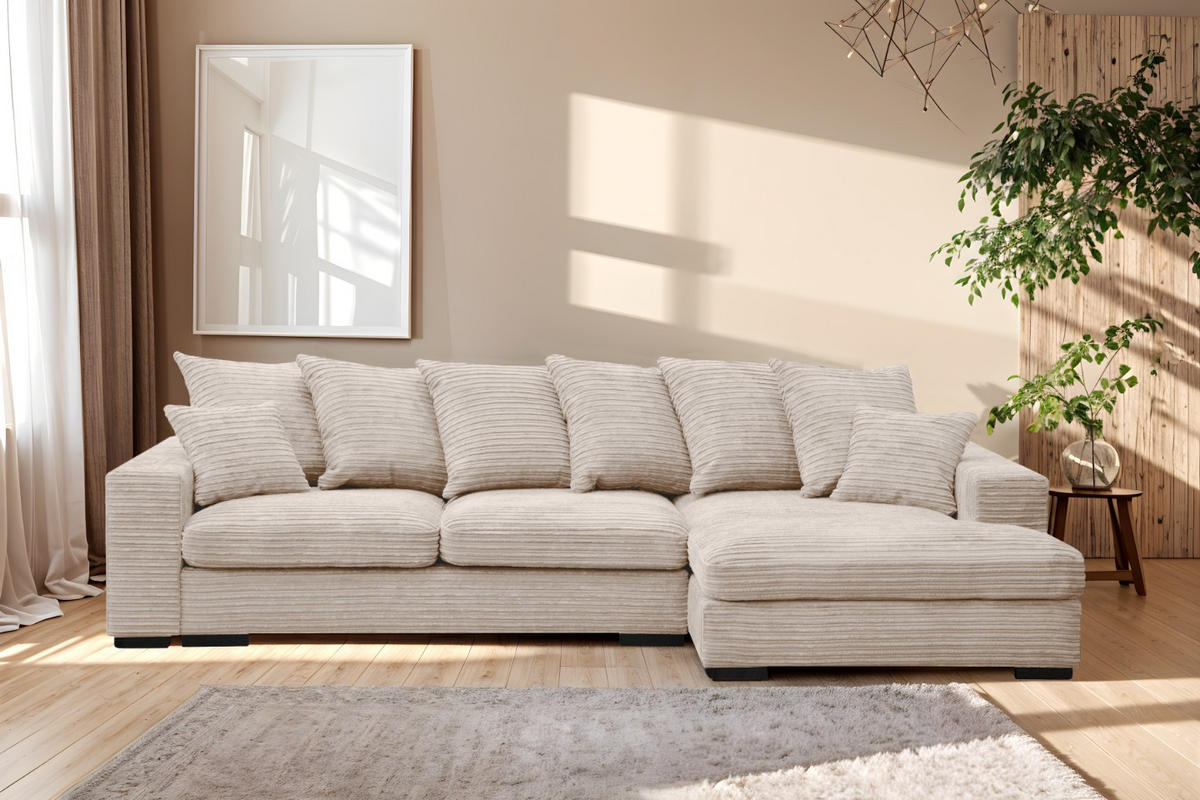 ECKSOFA Mit Schlaffunktion Und Bettkasten Couch L-form Gabon Stoff Zoom Creme Rechts - Creme, Holz (285/155cm) - Kaiser Möbel