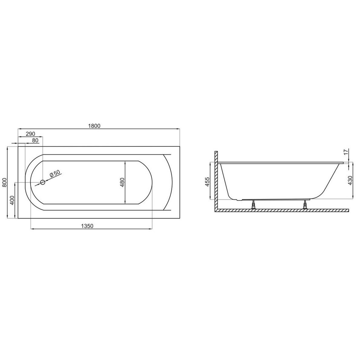 BADEWANNE Rechteck CLASSIC SLIM 180/80 mit Styro Ablage 4cm Ablauf Füße - Weiß, Kunststoff (80/62/180cm) - bad land