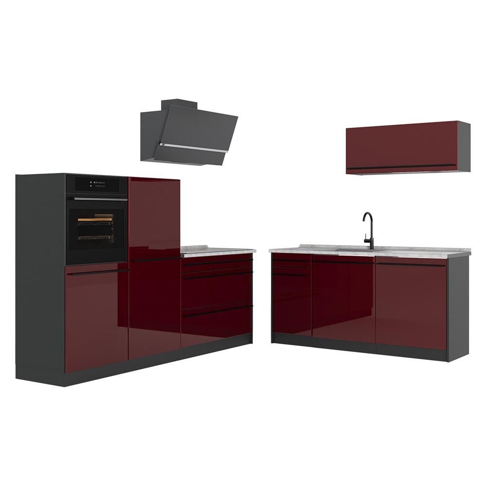 KÜCHENZEILE R-Line, Rot Hochglanz/Anthrazit, 220 cm Arbeitsplatte Marmor - Anthrazit/Rot, Holzwerkstoff (220/143/60cm) - Vicco