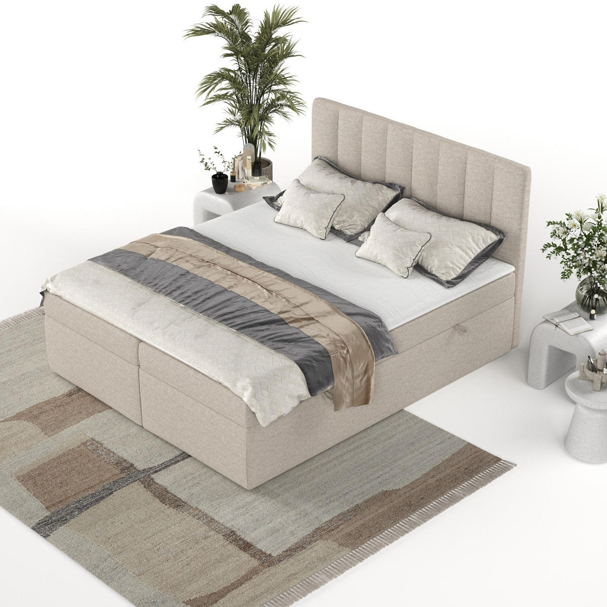 BOXBETT Amaro 140/200 cm Hellbeige im Megan Stoff - Sandfarben/Schwarz, Holz/Holzwerkstoff (140/200cm) - AltaBeds