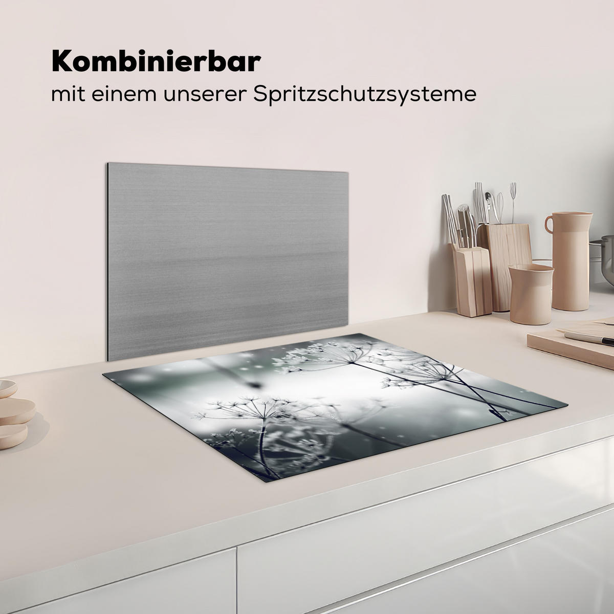 HERDABDECKPLATTE Blumen - Winter - Schnee - Natur Herdabdeckung Induktionsfeld 65x52 cm - Grau, Kunststoff (65/52/0.2cm) - MuchoWow