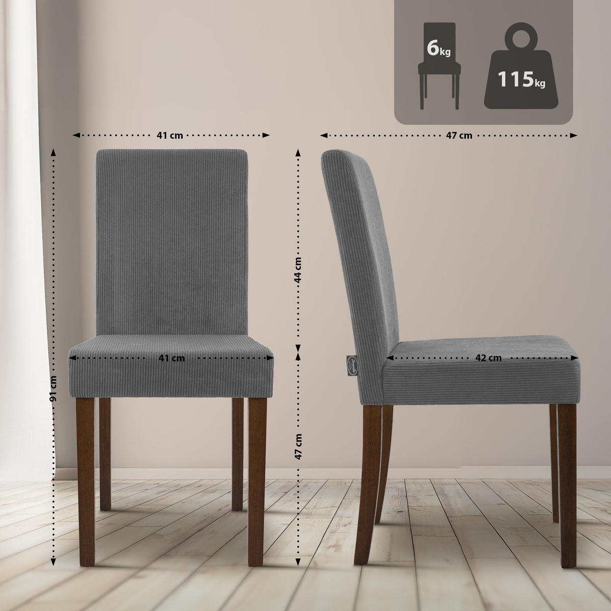 ESSZIMMERSTUHL Ina Cordbezug 91x41x47 cm grau - Grau, Textil (41/91/47cm) - furnicato