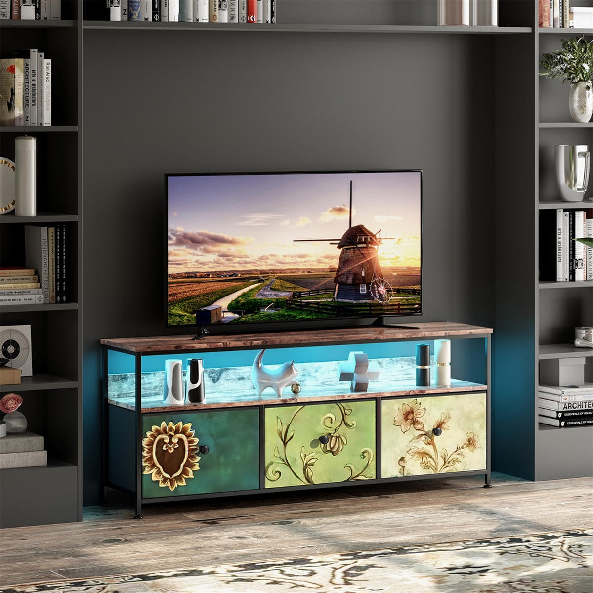 TV-LOWBOARD 137x29.8x57 cm - TV-Schrank mit LED-Beleuchtung und bunten Stoffschubladen - Mehrfarbig - Multicolor, Holzwerkstoff (29.8/57/137cm) - DELFA