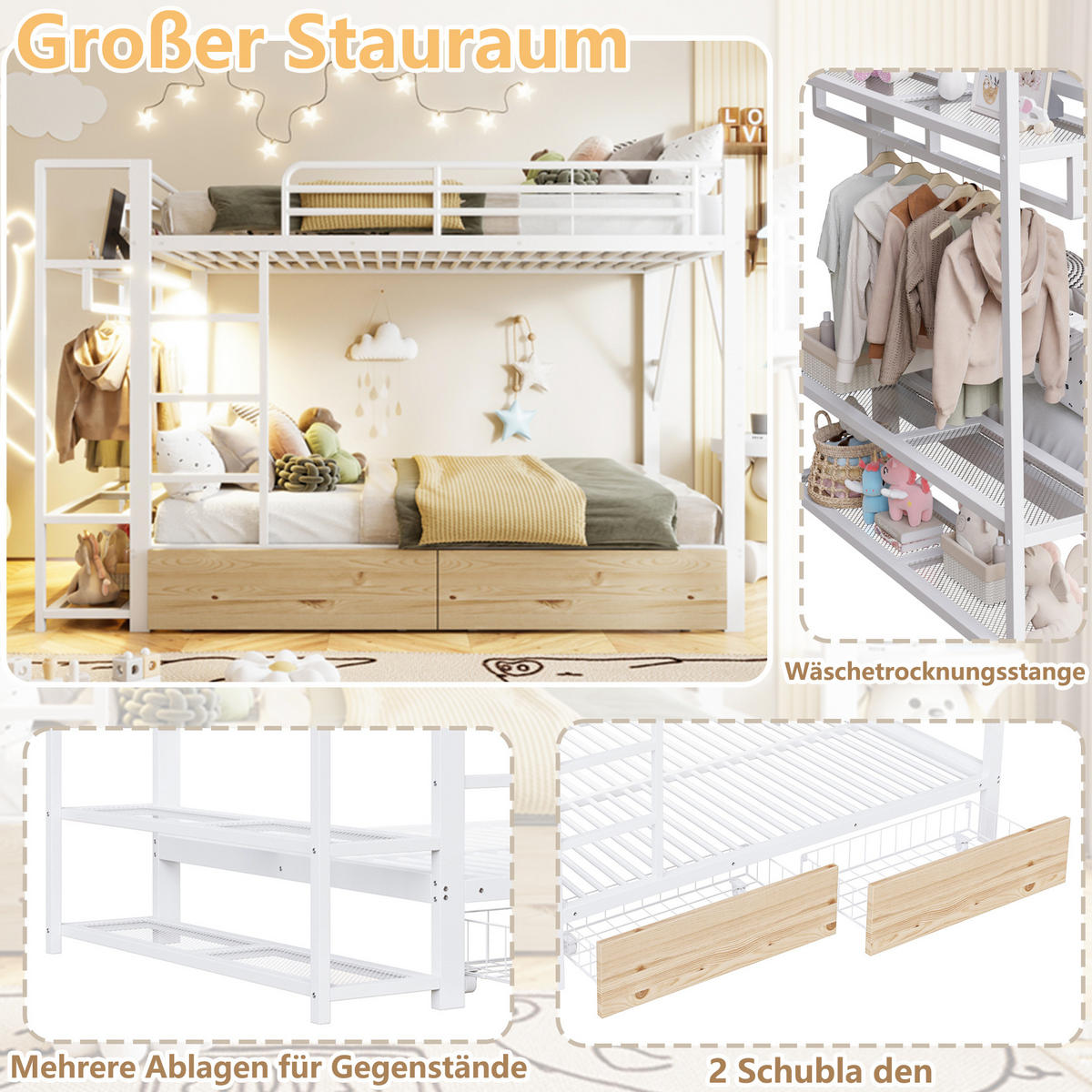 ETAGENBETT 140/200 cm in Weiß mit LED-Beleuchtung und 2 Schubladen - Weiß, Metall - BEAOK