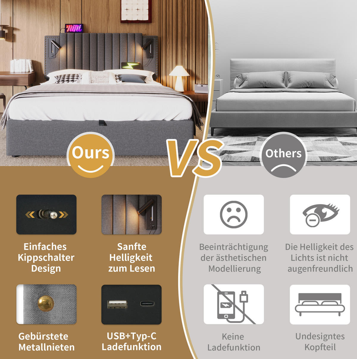 ČALOUNĚNÁ postel 160/200 cm šedá z bavlny s úložným prostorem, čtecím světlem a USB - šedá, textil (160/200cm) - OKWISH