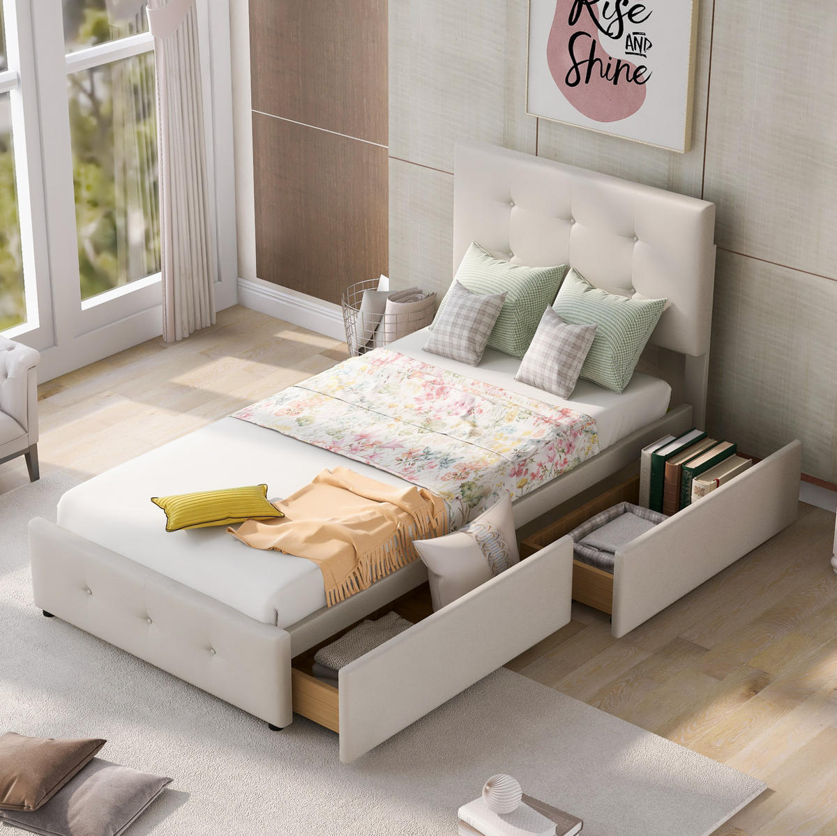 POLSTERBETT 90/200 cm Beige aus Samt mit Schublade - Beige, Textil (90/200cm) - OKMYHOME
