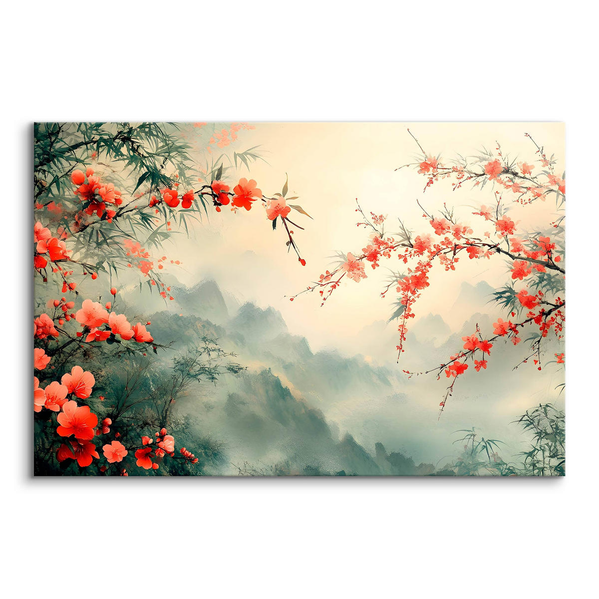 LEINWANDBILD Blumen Pflanzen Berge Landschaft 70cm x 50cm - Rot/Schwarz, Textil (70/50cm) - Muralo