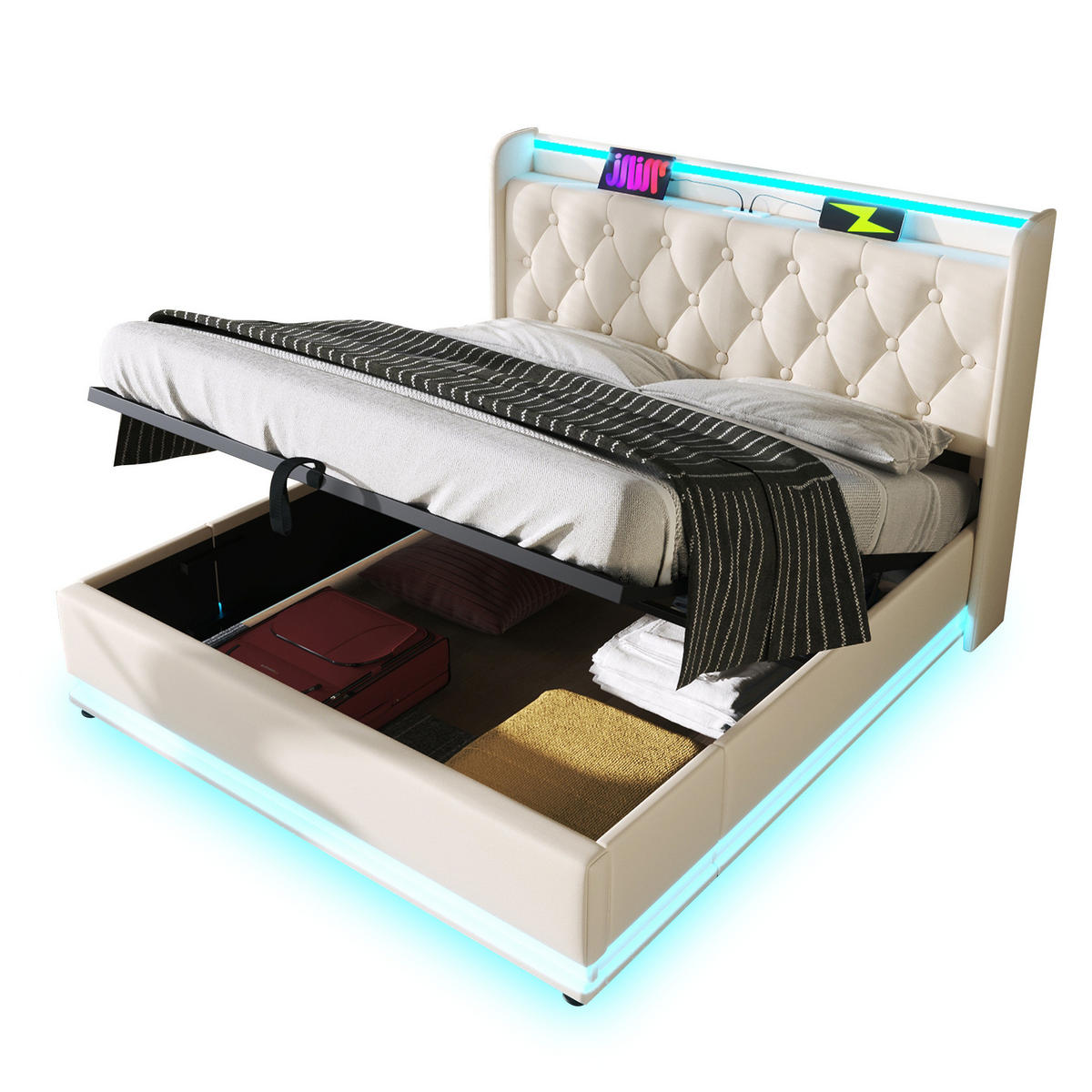 POLSTERBETT mit LED-Beleuchtung 140/200 cm mit Bettkasten & USB Typ-C, Weiß - Weiß, Kunststoff (140/200cm) - BEAOK