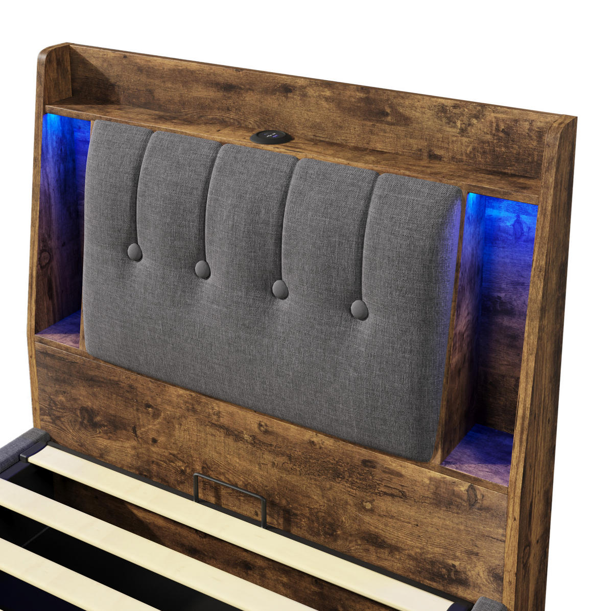 POLSTERBETT 90/200 cm Grau mit Stauraum, LED-Beleuchtung und USB-Anschlüssen - Grau, Textil (90/200cm) - Flora Grace