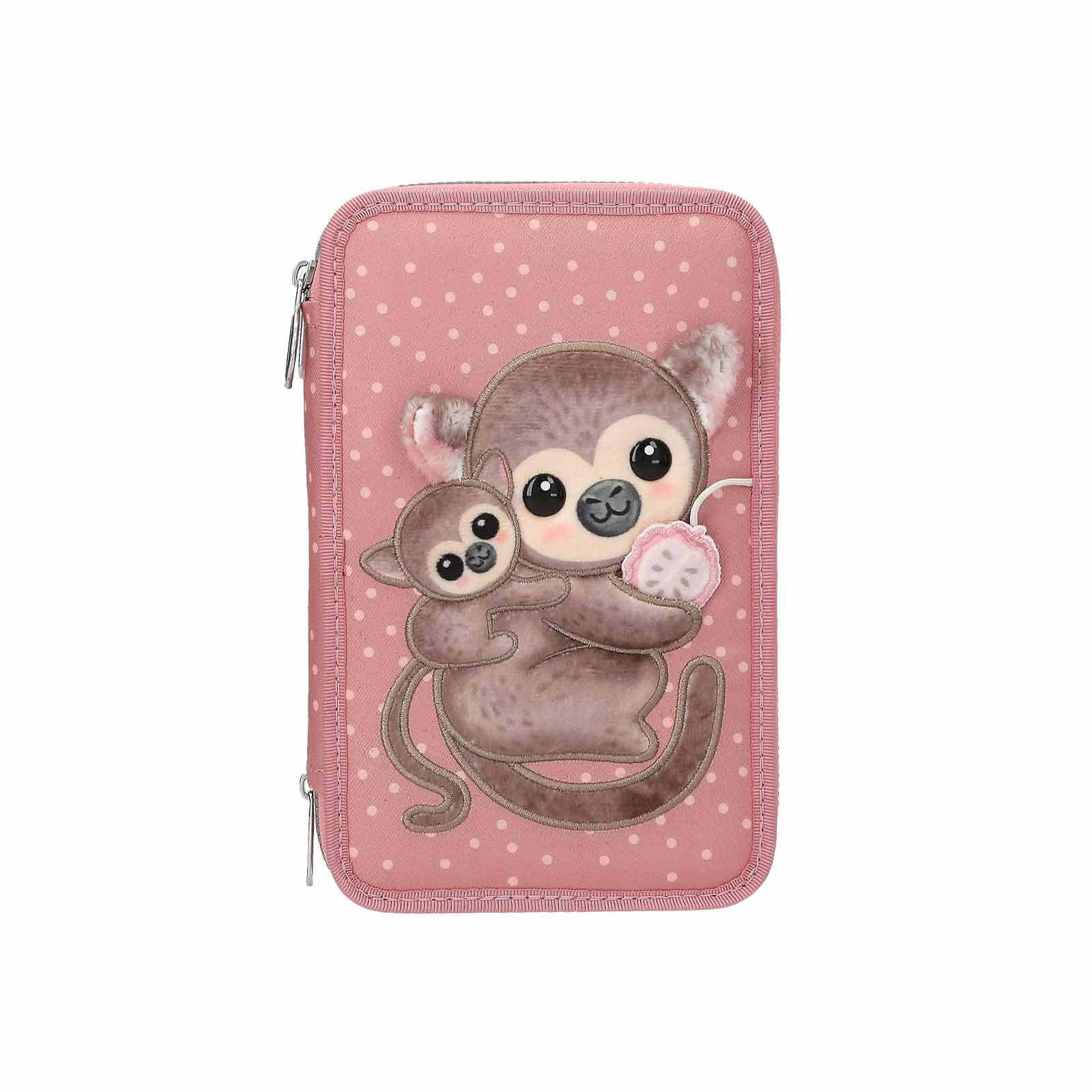 3-FACH FEDERTASCHE MIT AFFEN-APPLIKATION JUICY INKL. STIFTE TOPModel altrosa 7,5 x 13 x 20 cm - Altrosa, Kunststoff (13/20/7.5cm) - Depesche Germany