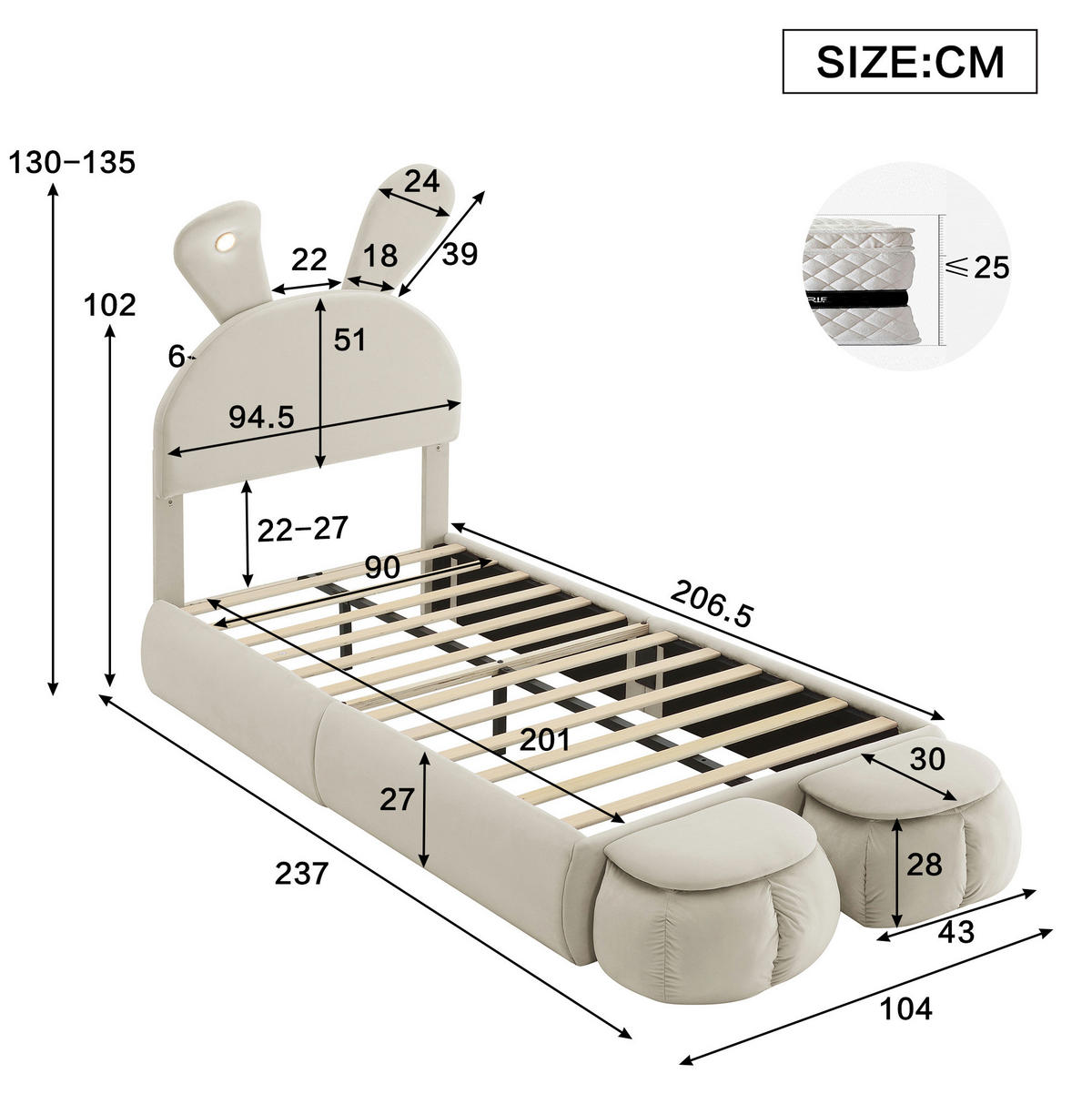 POLSTERBETT 90/200 cm Beige mit Hasenohren und LED-Beleuchtung - Beige, Textil (90/200cm) - OKWISH