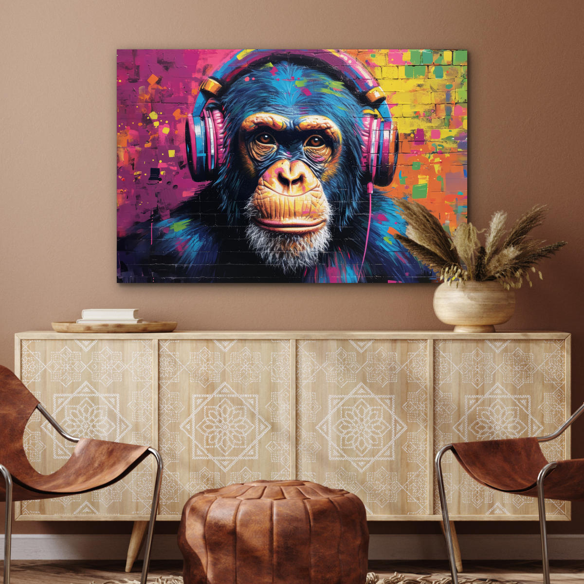 METALLBILD Graffiti - Schimpanse - Straßenkunst - Kopfhörer - Affe 90x60 cm - Blau, Metall (90/60cm) - MuchoWow