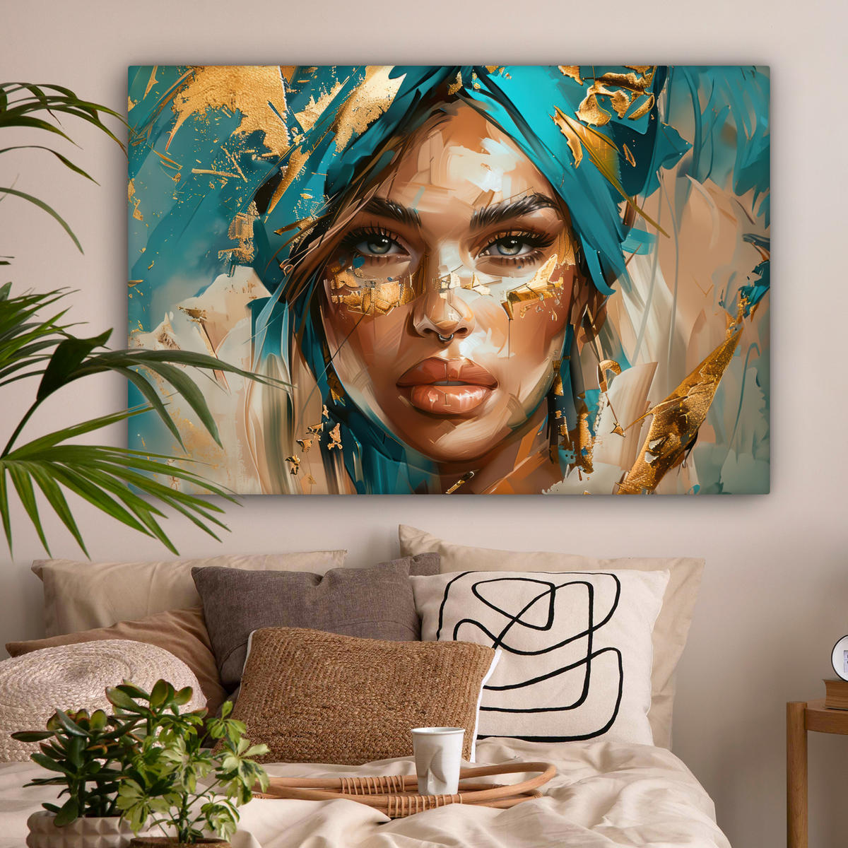 OBRAZ NA PLÁTNE Žena - Portrét - Zlato - Luxus - Modrá 140x90 cm - tyrkysová, textil (140/90cm) - MuchoWow