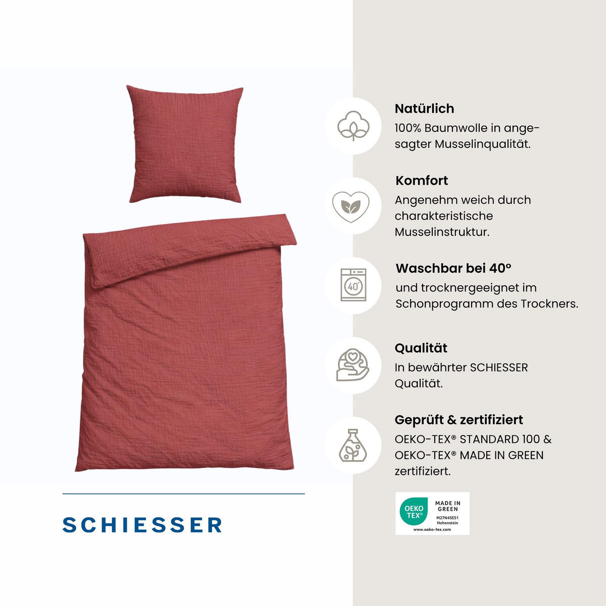 BETTWÄSCHESET Molly - Musselin - 2-teilig - 135 x 200 cm - Rosenholz - Rotbraun, Textil (135/200cm) - SCHIESSER