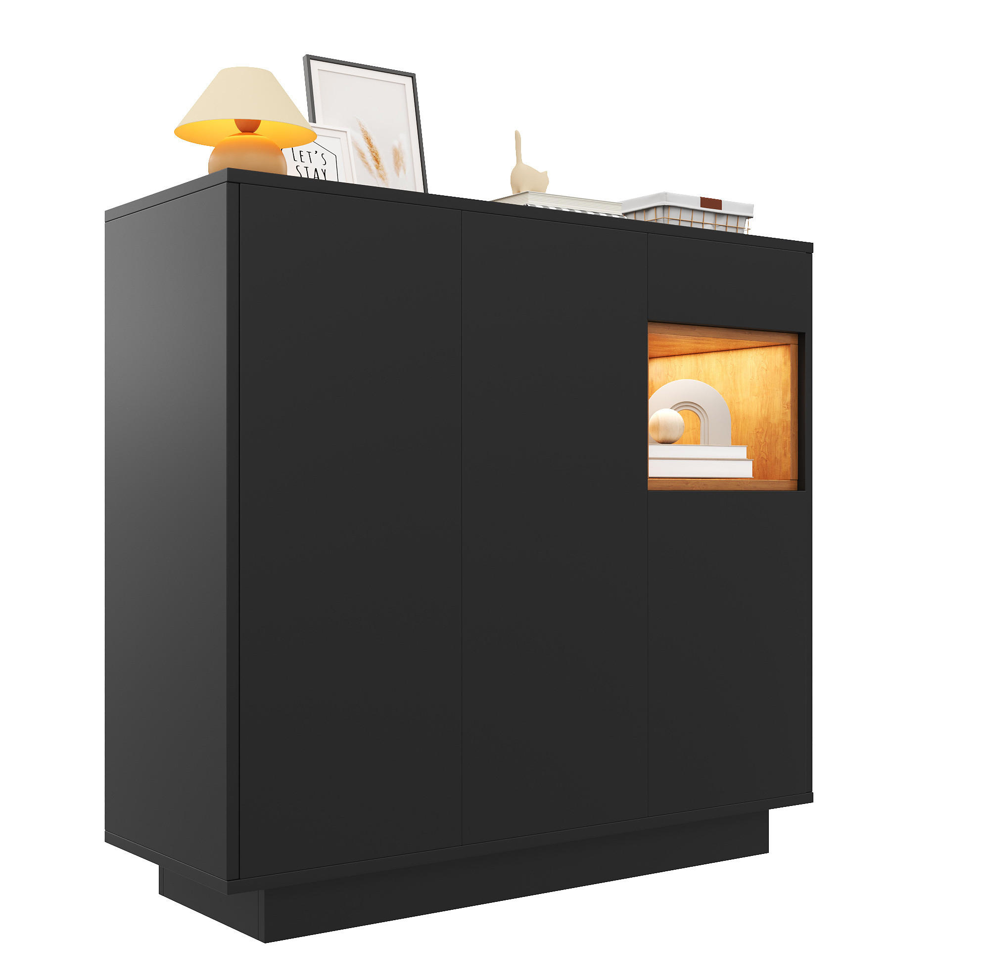 SCHUHSCHRANK 105/39,5/100,5 cm in Schwarz/Natur mit LED-Beleuchtung und Schublade - Schwarz, Holzwerkstoff (105/100/39cm) - Flora Grace