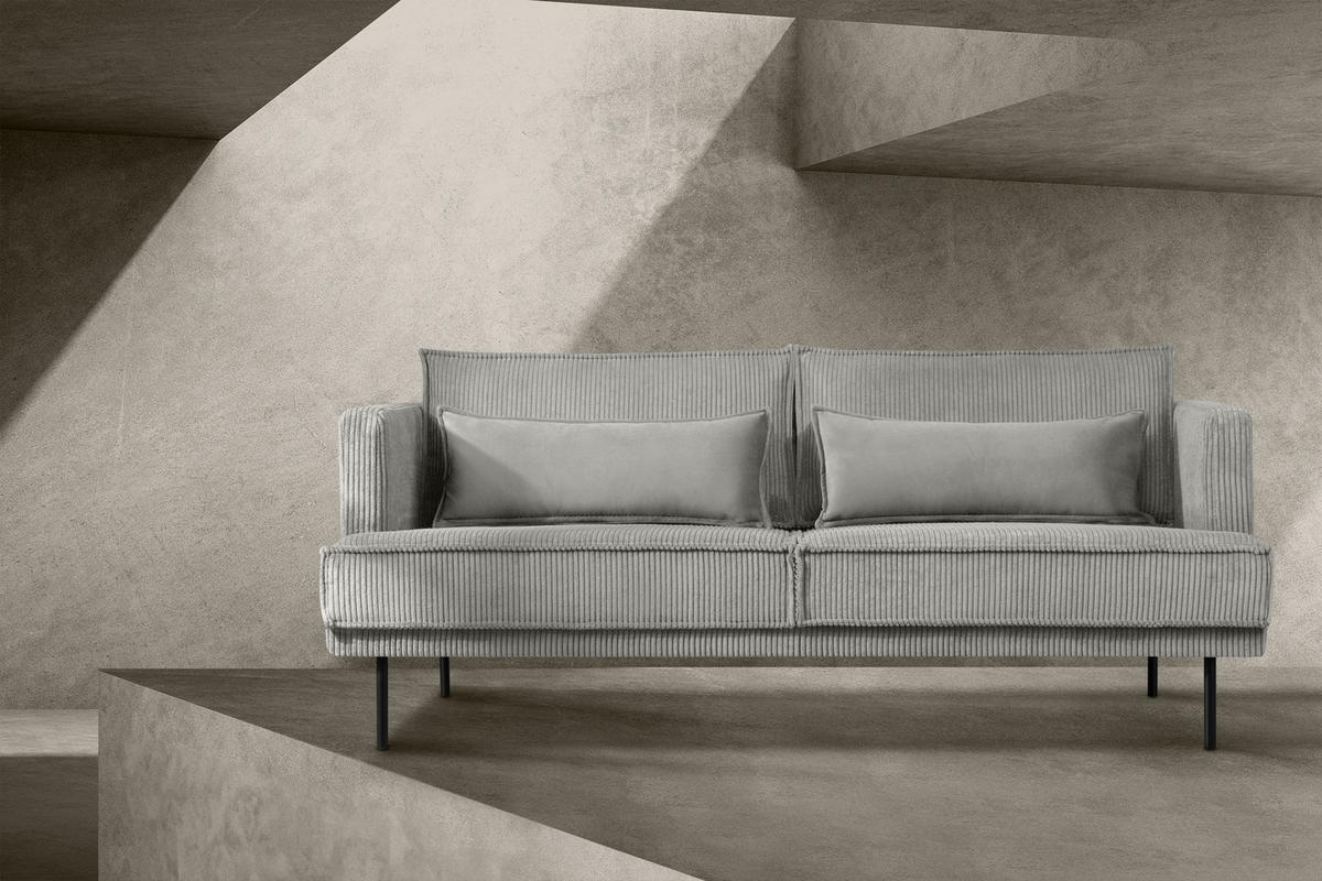 3-SITZER-SOFA GANZO 2 Kissen inklusive, Cord-Stoff, hellgrau - Hellgrau/Schwarz, Textil/Metall (193/84/92cm) - KONSIMO®