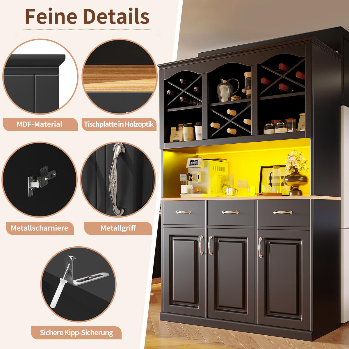 BUFFETSCHRANK Kombi Schwarz 120/40/180 cm - Schwarz, Holz (120/180/40cm) - PANGIVO
