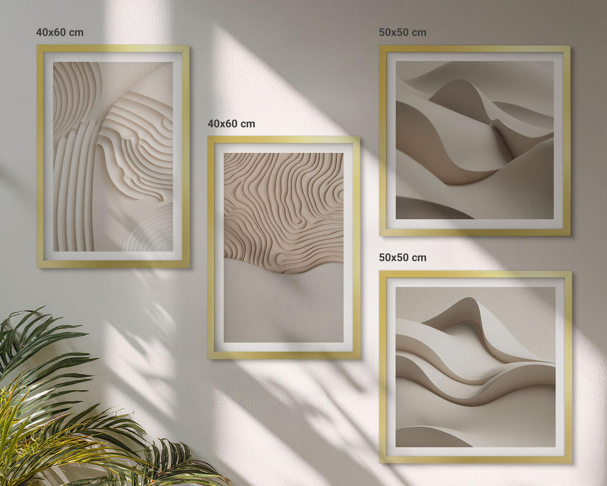 BILDER SET 4er Set - 50x50 cm & 40x60 cm Goldrahmen - Abstrakte Wellen auf dem Sand - Goldfarben, Kunststoff (50/50cm) - TULUP