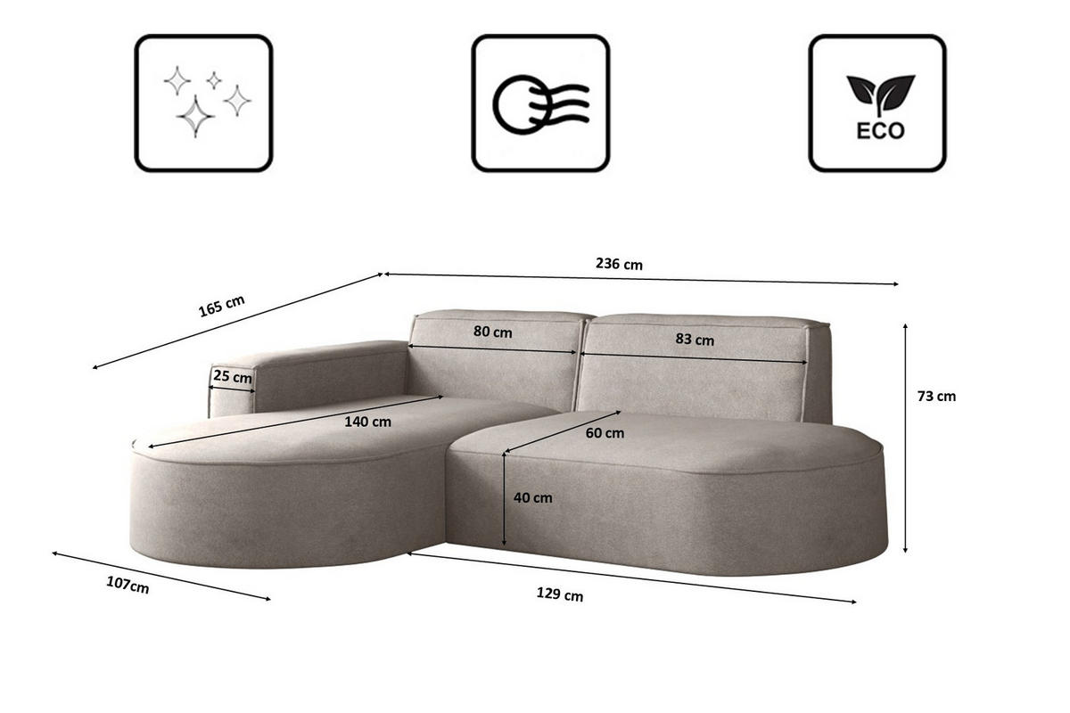 ECKSOFA Modena Modern Und Komfort Velours Stoff Salvador Links Beige - Creme, Holz/Textil (165/236cm) - Kaiser Möbel