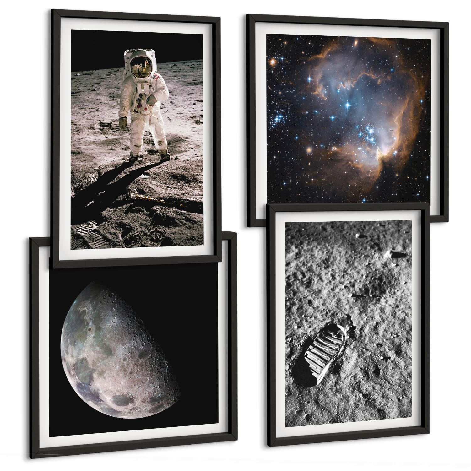 BILDER SET 4er Set - 50x50 cm & 40x60 cm Schwarzer Rahmen - Astronautenfoto vom Mond - Schwarz, Kunststoff (50/50cm) - TULUP
