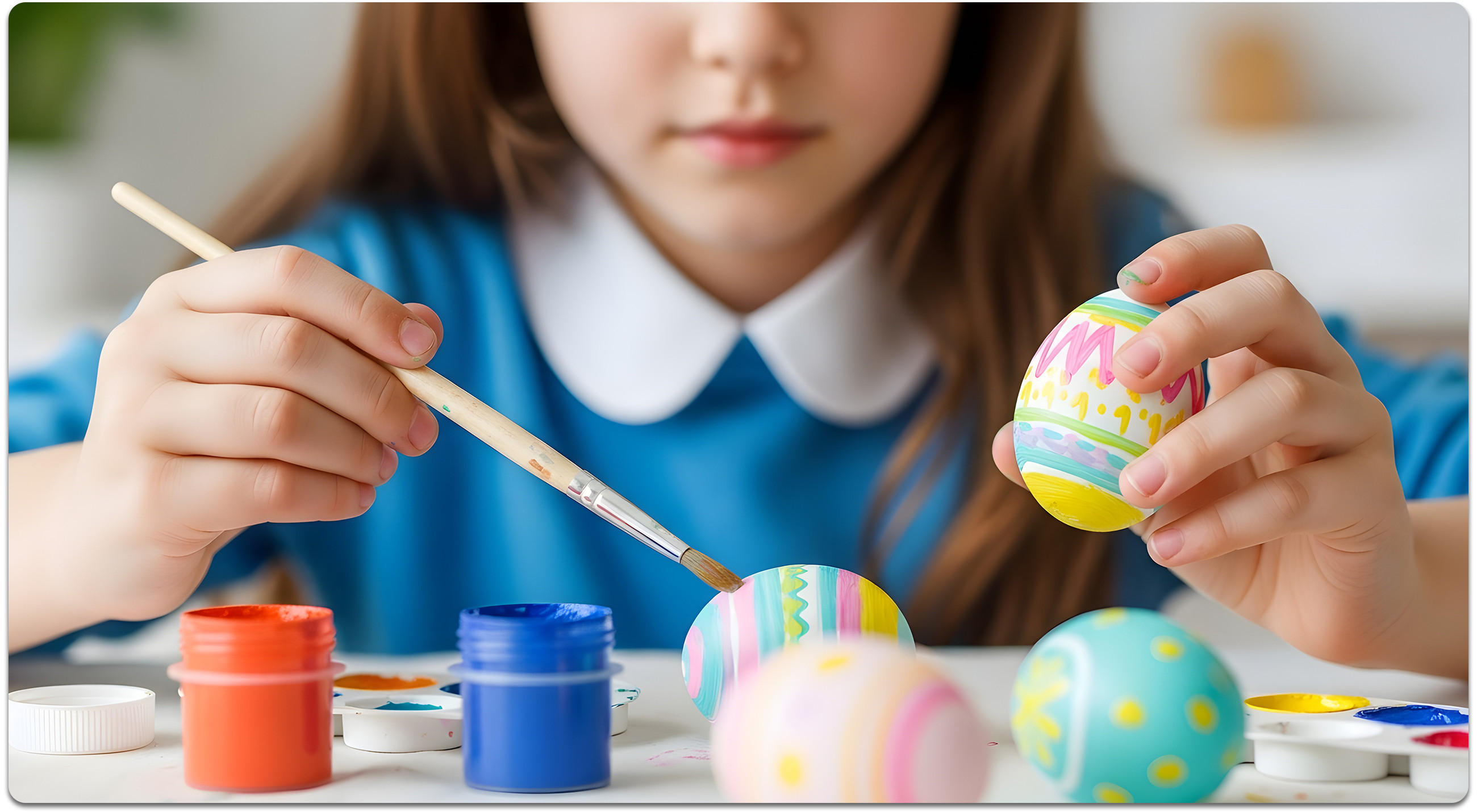 Kind bemalt Ostereier mit Pinsel; auf dem Tisch stehen Farbtöpfchen und mehrere bunt verzierte Eier.