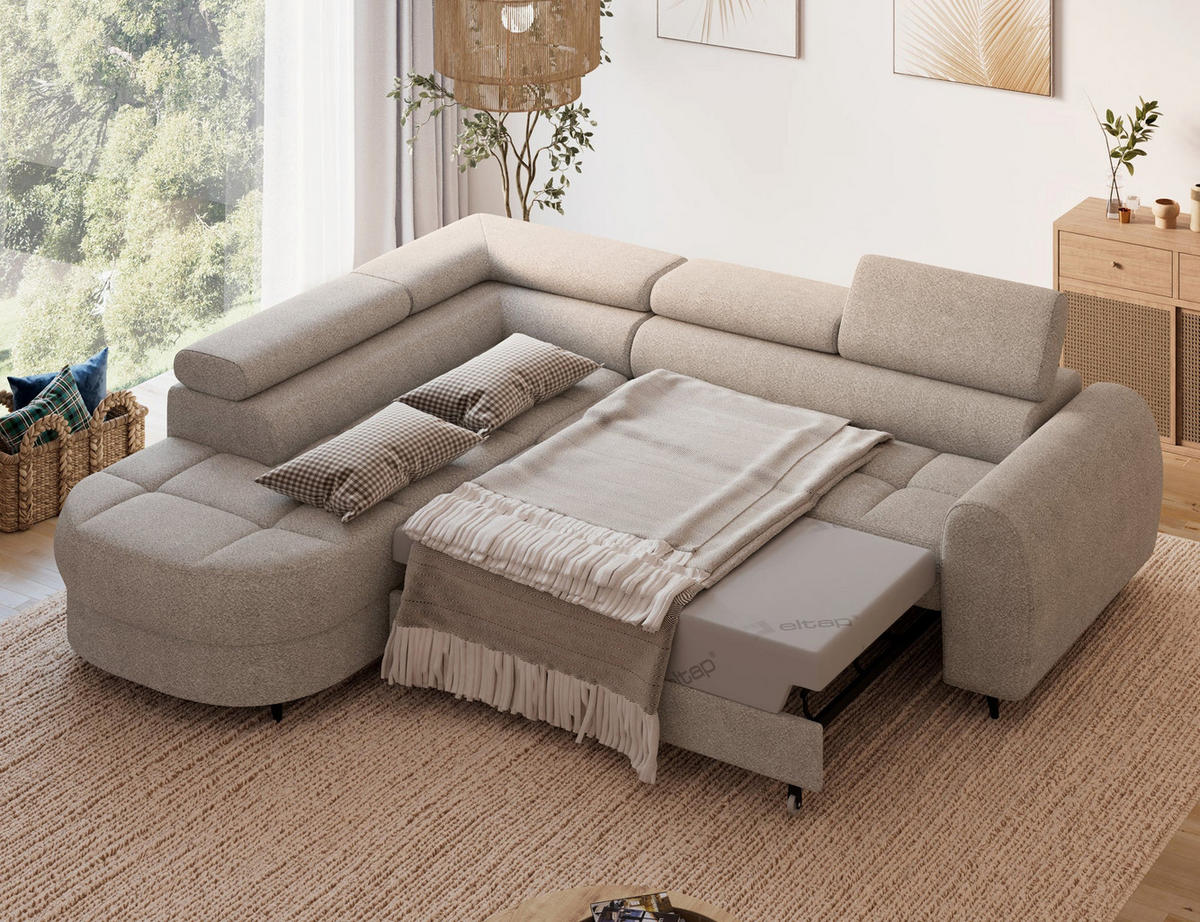 ECKSOFA Vesteria mit Schlaffunktion und Bettkasten – Modernes Design, verstellbare Kopfstützen und hoher Sitzkomfort - Beige, Kunststoff (279/72cm) - Wohnideebilder