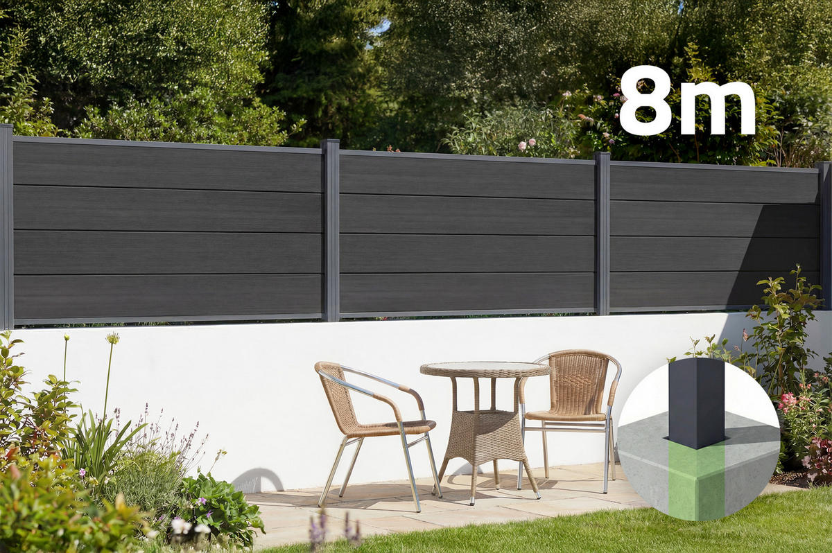 VERBUNDZAUN 8 m STOCKHORN H. 90 cm zum Einbetonieren, grau - Grau, Holzwerkstoff (200/90cm) - Casanoov