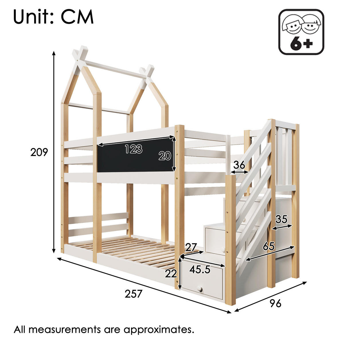HAUSBETT 90/200 cm in Weiß mit Stauraumtreppe und Tafel im Baumhaus-Design - Weiß, Holzwerkstoff (90/200cm) - Flora Grace