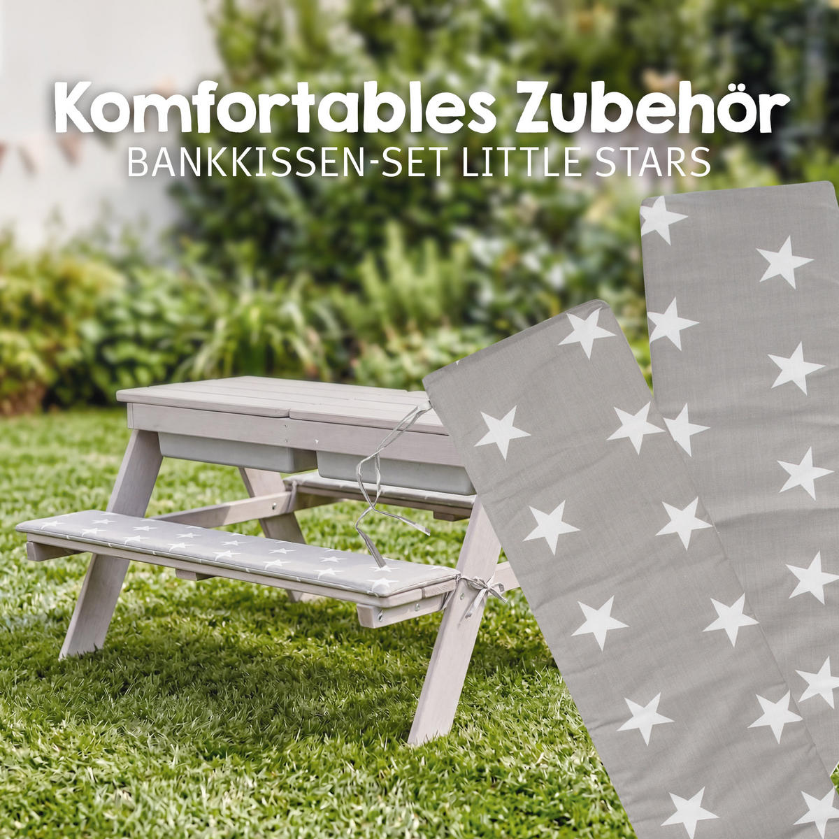 KINDERSITZGARNITUR OUTDOOR + mit Spielwannen und Bankkissen - Hellgrau, Holz - Roba
