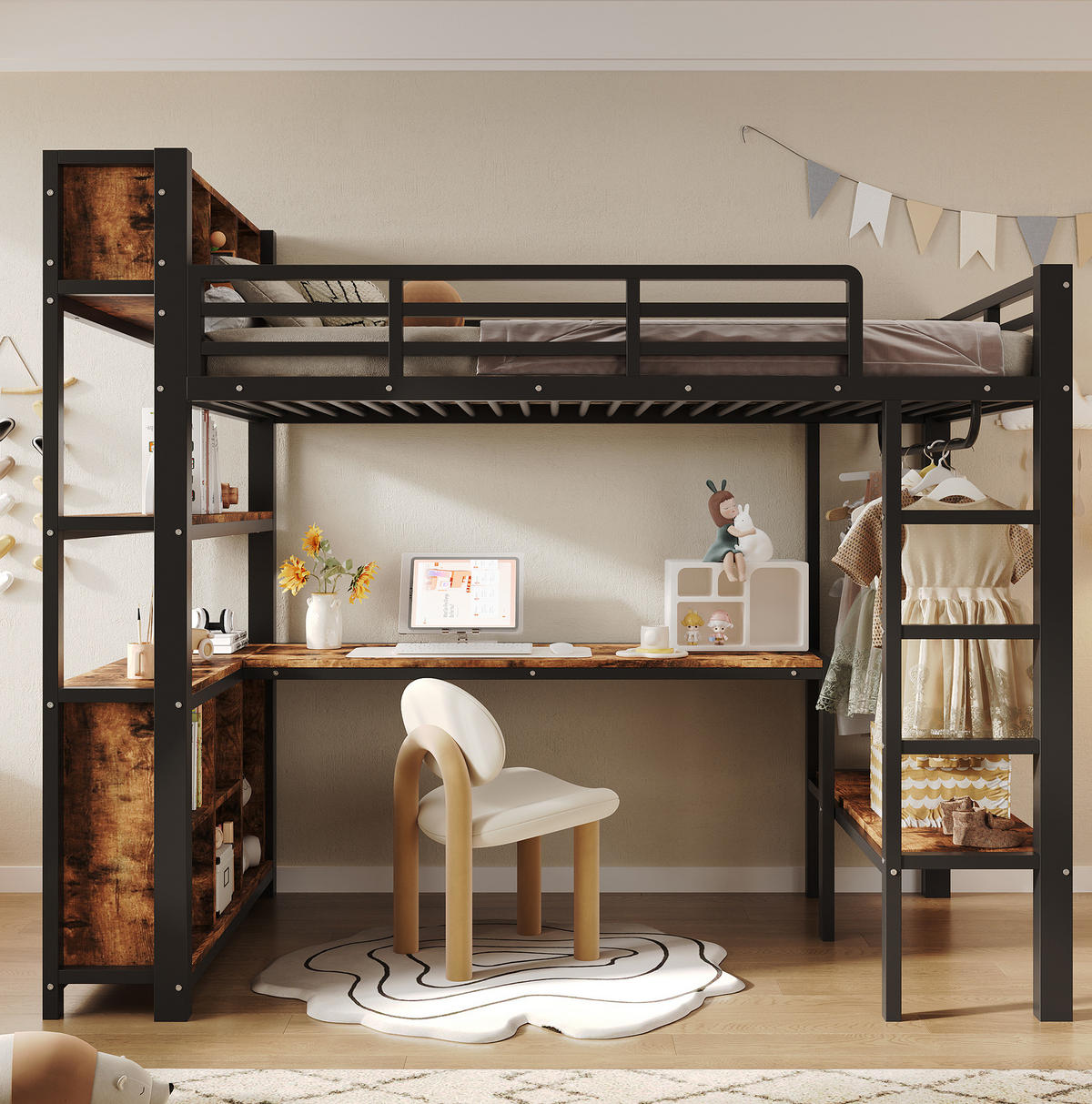 HOCHBETT Metall & MDF 90x200 cm Schwarz mit Schreibtisch, Kleiderstange und Regalen - Schwarz, Holzwerkstoff (90/200cm) - Modfu