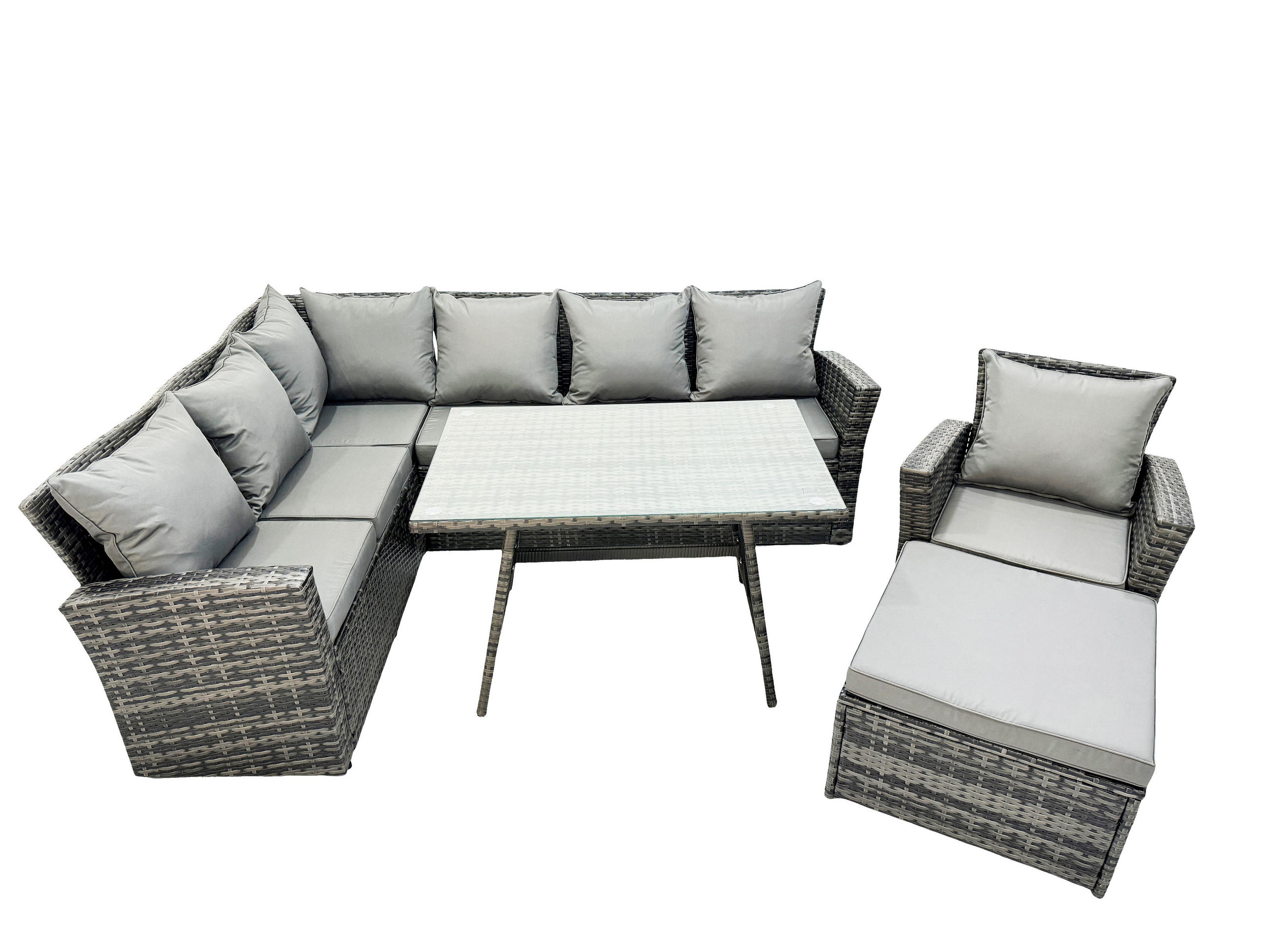 GARTENLOUNGE mit Ecksofa Polyrattan Dunkelgrau 8-Sitzer - Dunkelgrau/Grau, Glas/Kunststoff - Fimous