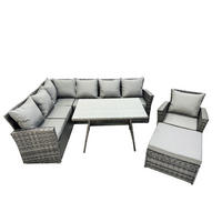 GARTENLOUNGE mit Ecksofa Polyrattan Dunkelgrau 8-Sitzer - Dunkelgrau/Grau, Glas/Kunststoff - Fimous