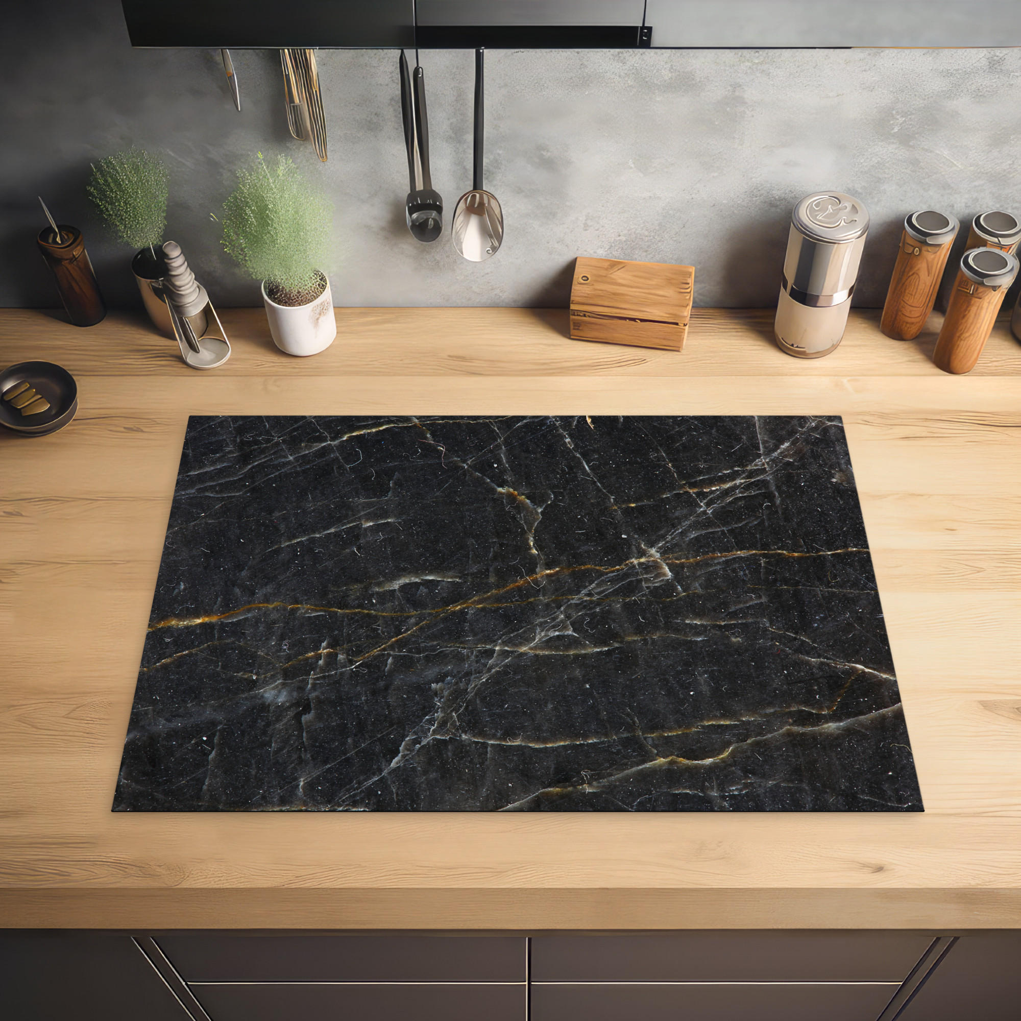 HERDABDECKPLATTE Marmor - Schwarz - Gold - Grau - Marmorstruktur 75x52 cm - Goldfarben, Kunststoff (75/0.2/52cm) - MuchoWow
