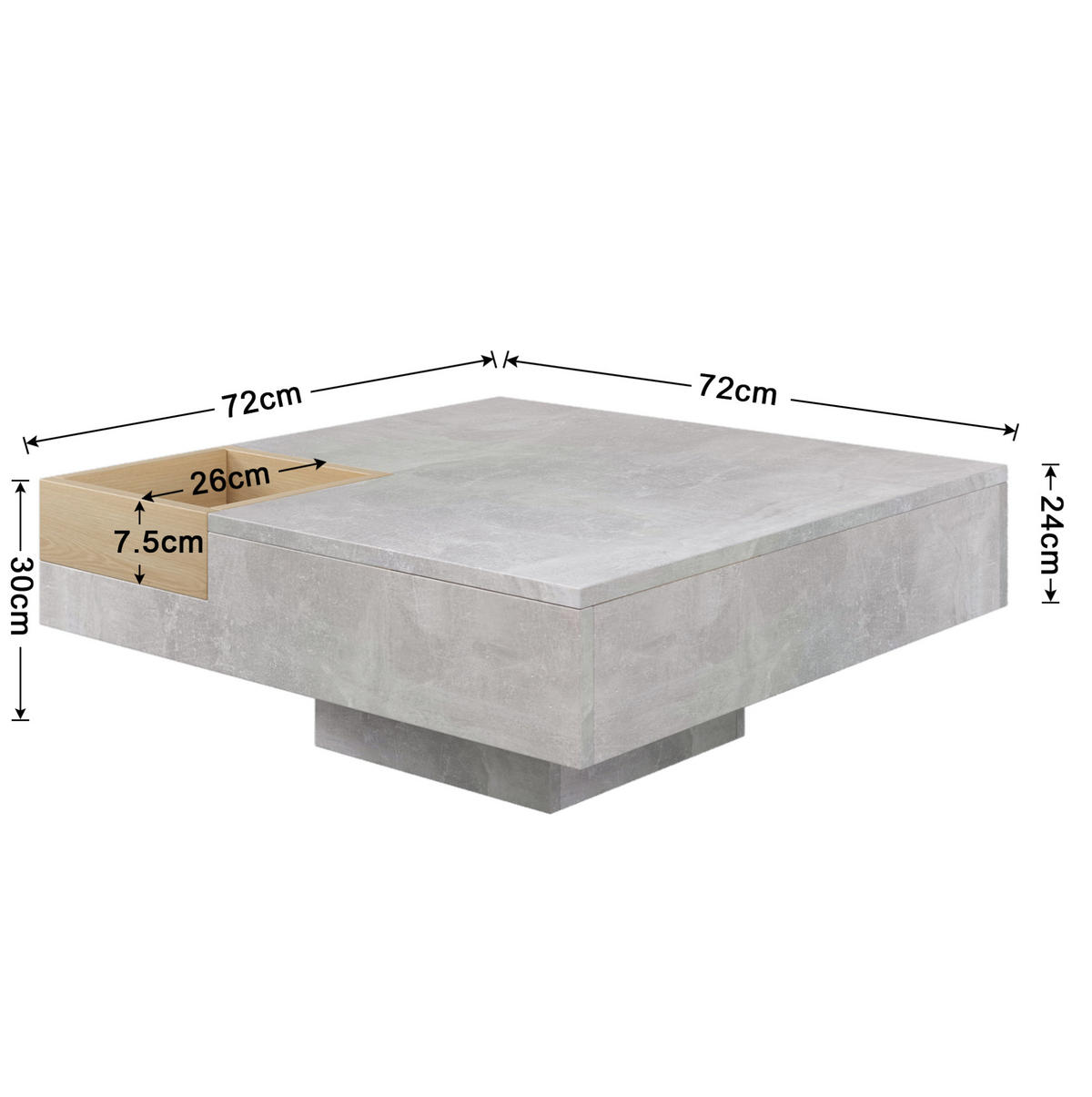 KONFERENČNÍ stolek 72/72/30 cm s vyjímatelným úložným boxem a pevnou konstrukcí, betonově šedá a barva dřeva - šedá, kompozitní dřevo (72/72/30cm) - Redom