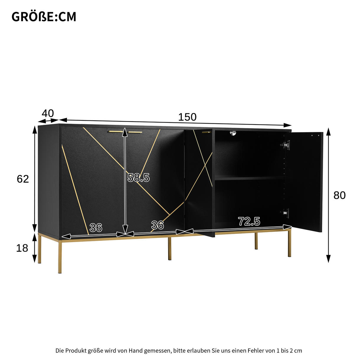 SIDEBOARD 150/40/80 cm aus Spanplatte mit verstellbaren Einlegeböden Schwarz - Schwarz, Holzwerkstoff (150/80/40cm) - Modenvie