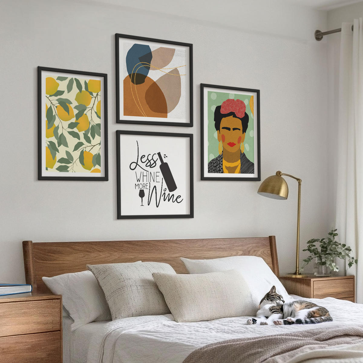 BILDER SET 4er Set - 50x50 cm & 40x60 cm Schwarzer Rahmen - Zitronenweinporträt von Frida - Schwarz, Kunststoff (50/50cm) - TULUP