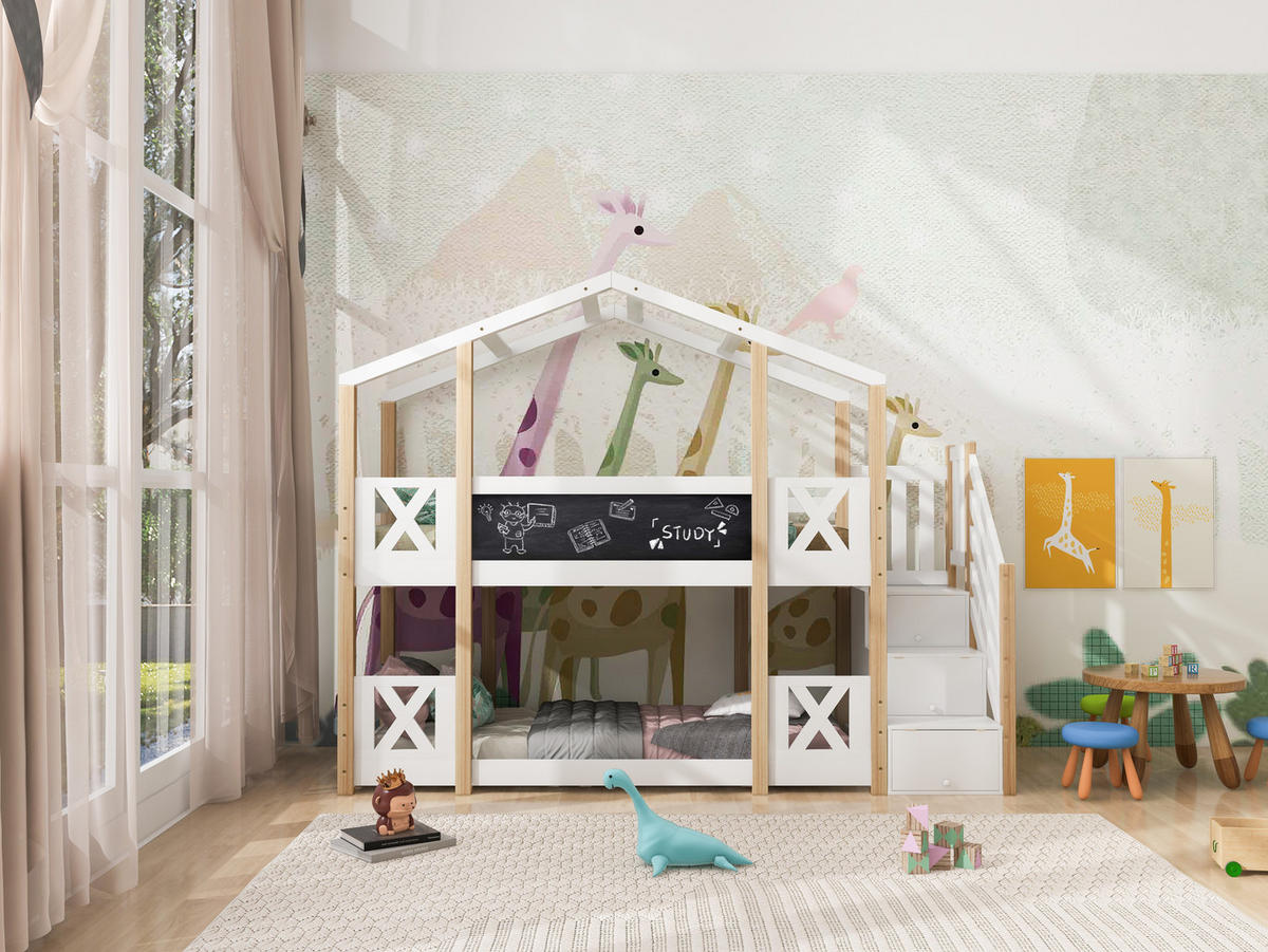 ETAGENBETT Baumhaus mit Treppe und Stauraum 90x200 cm Weiß/Natur - Weiß, Holz (90/200cm) - Meubliv