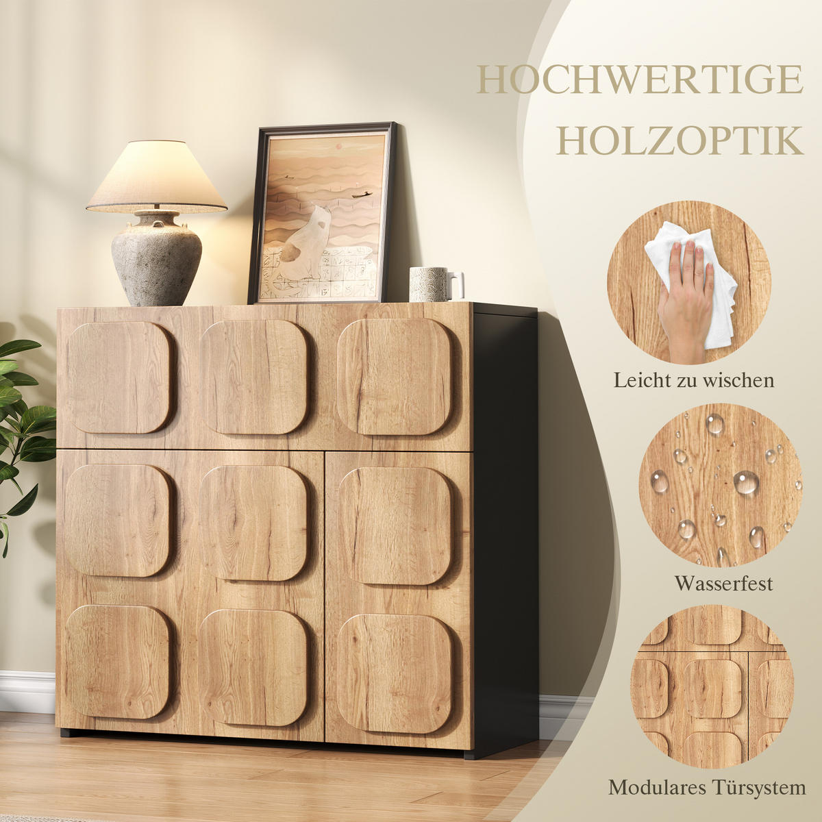 SIDEBOARD DE-38138 79,6/34,8/81,5 cm mit 4 Fächern Holzstruktur/Schwarz - Naturfarben, Holzwerkstoff (79.6/81.5/34.8cm) - ComfortXL